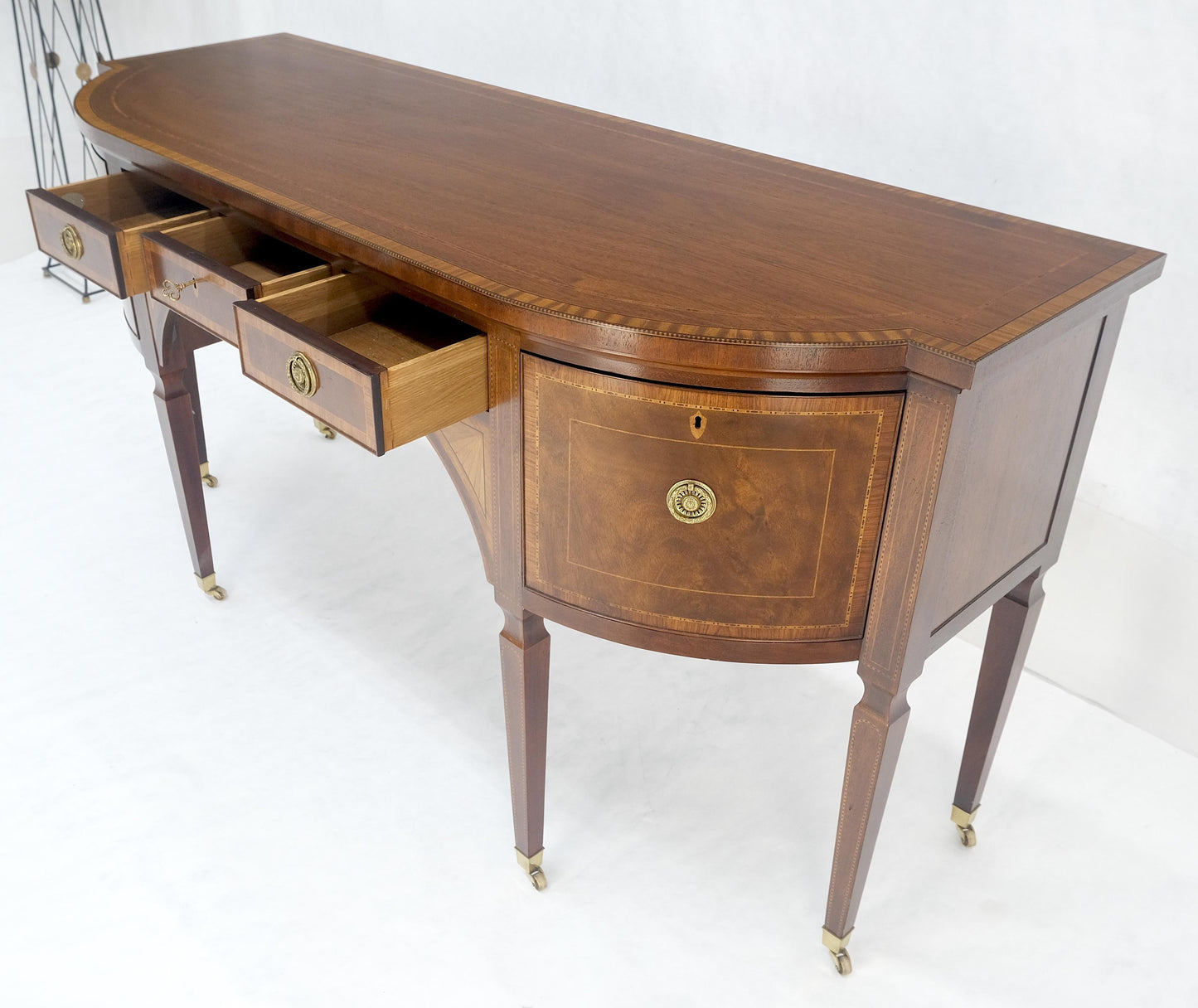 EstablishedLines Baker Mahogany Banded Top Hepplewhite Brass Castors Tapered Legs Sideboard MINT