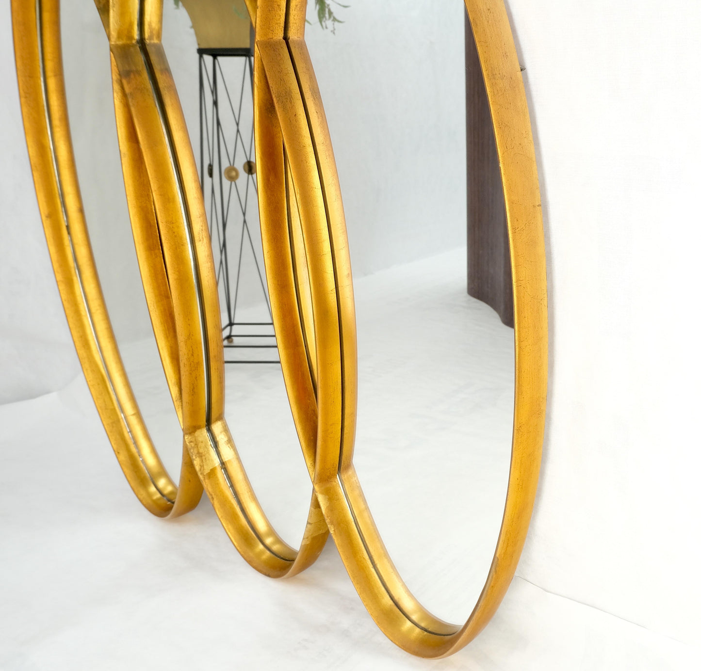 EstablishedLines Mid-Century Modern Tripple Overlapping Carved Wood Ovals Gold Gilt Wall Mirror