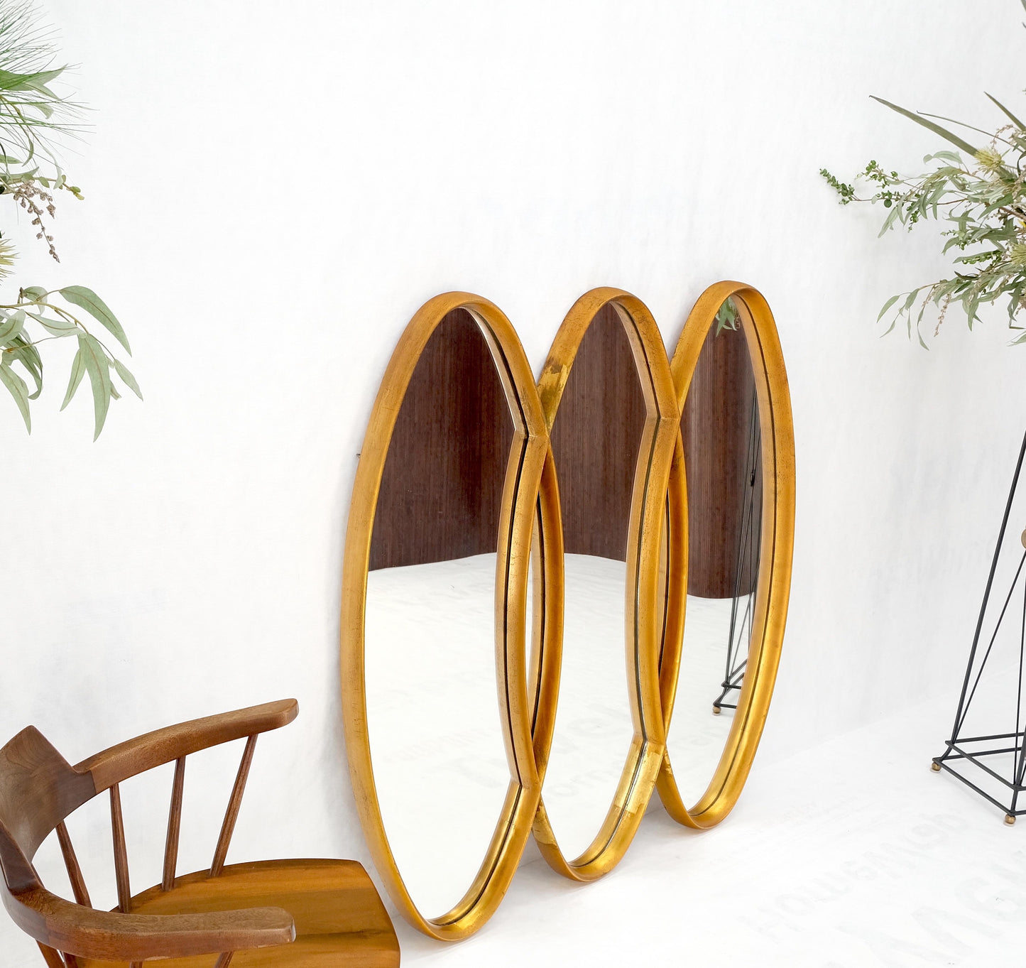 EstablishedLines Mid-Century Modern Tripple Overlapping Carved Wood Ovals Gold Gilt Wall Mirror