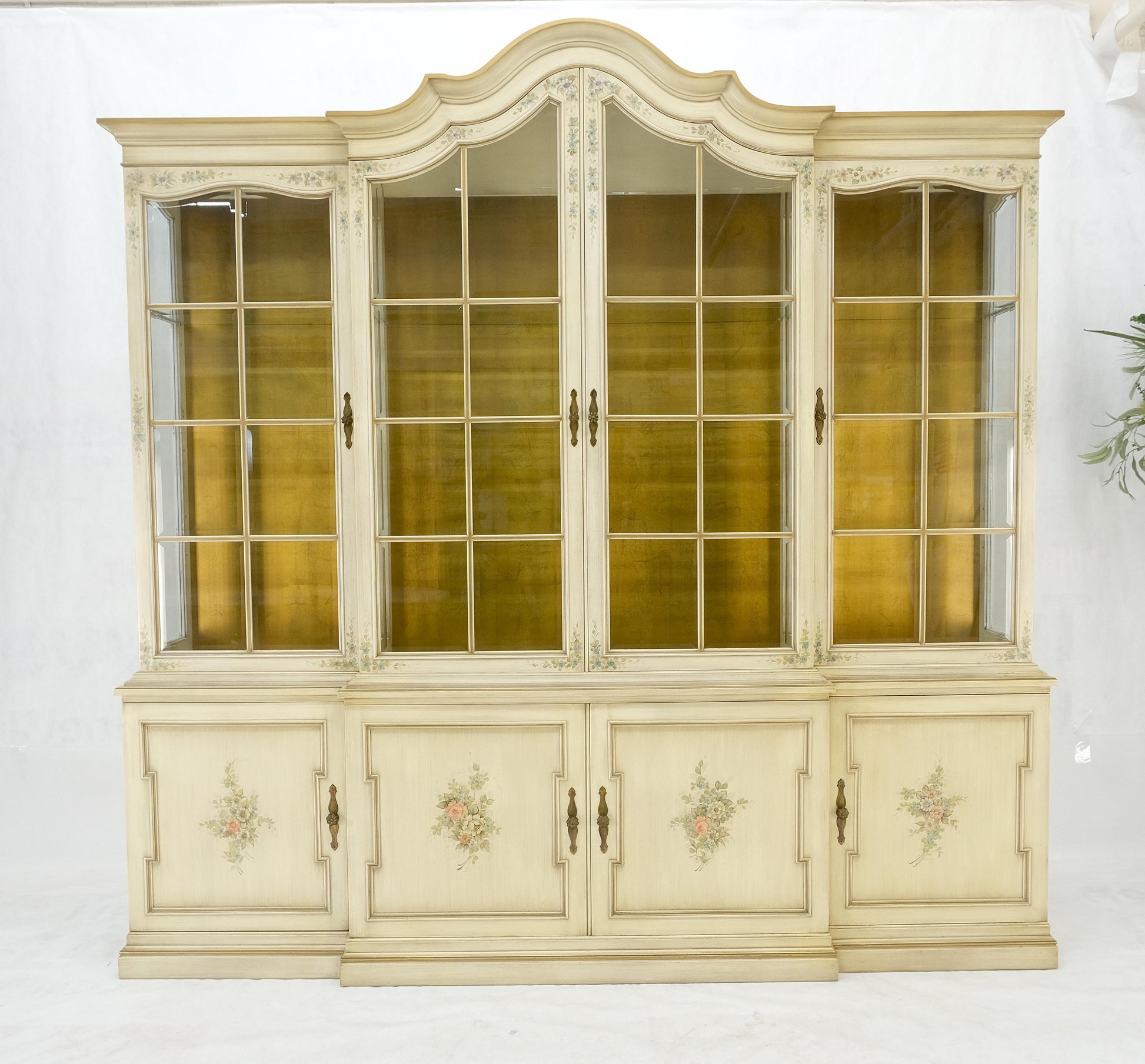 EstablishedLines Large 88" Wide Beveled Glass Gold Leaf Back Paint Decorated Break Front Cabinet