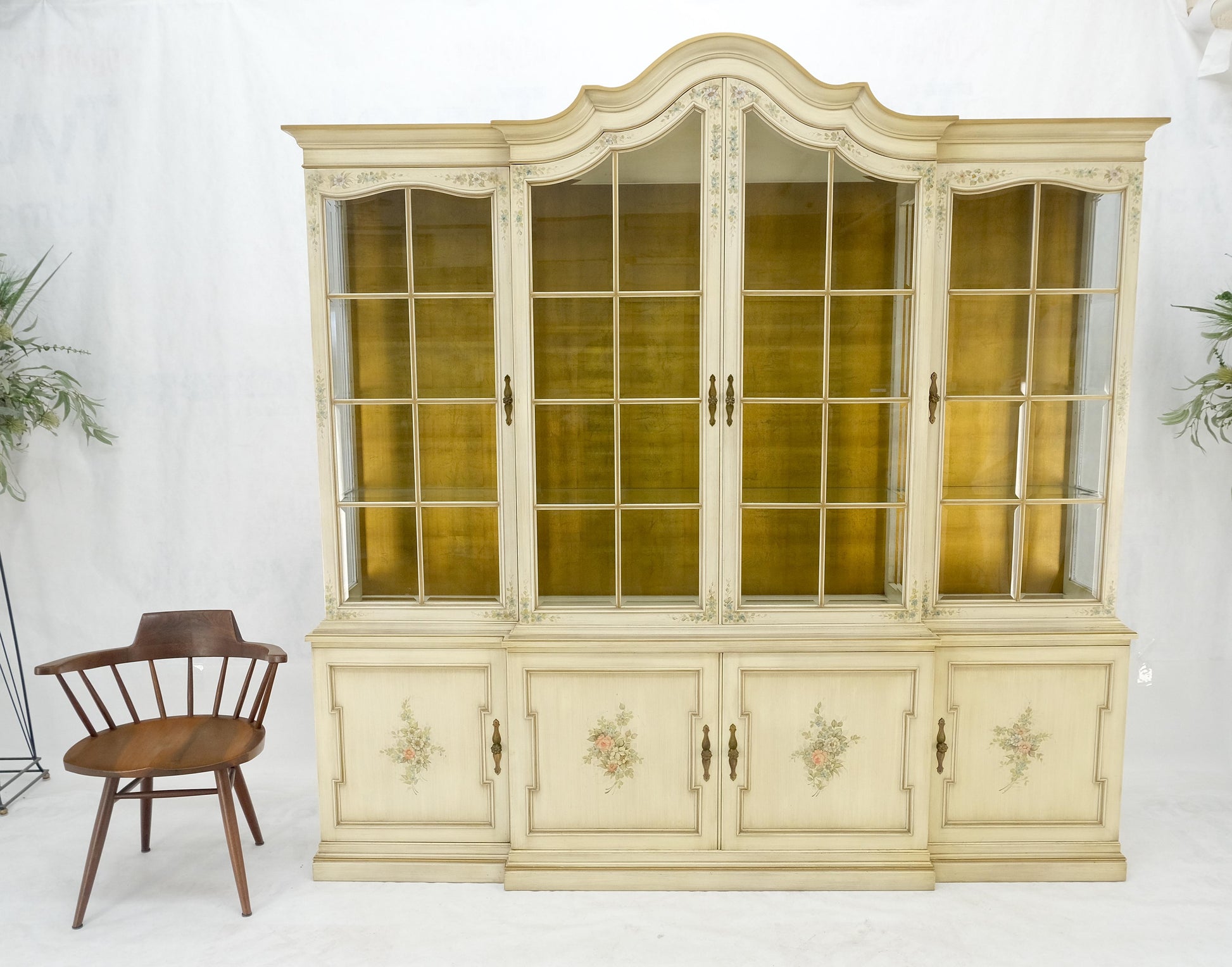 EstablishedLines Large 88" Wide Beveled Glass Gold Leaf Back Paint Decorated Break Front Cabinet
