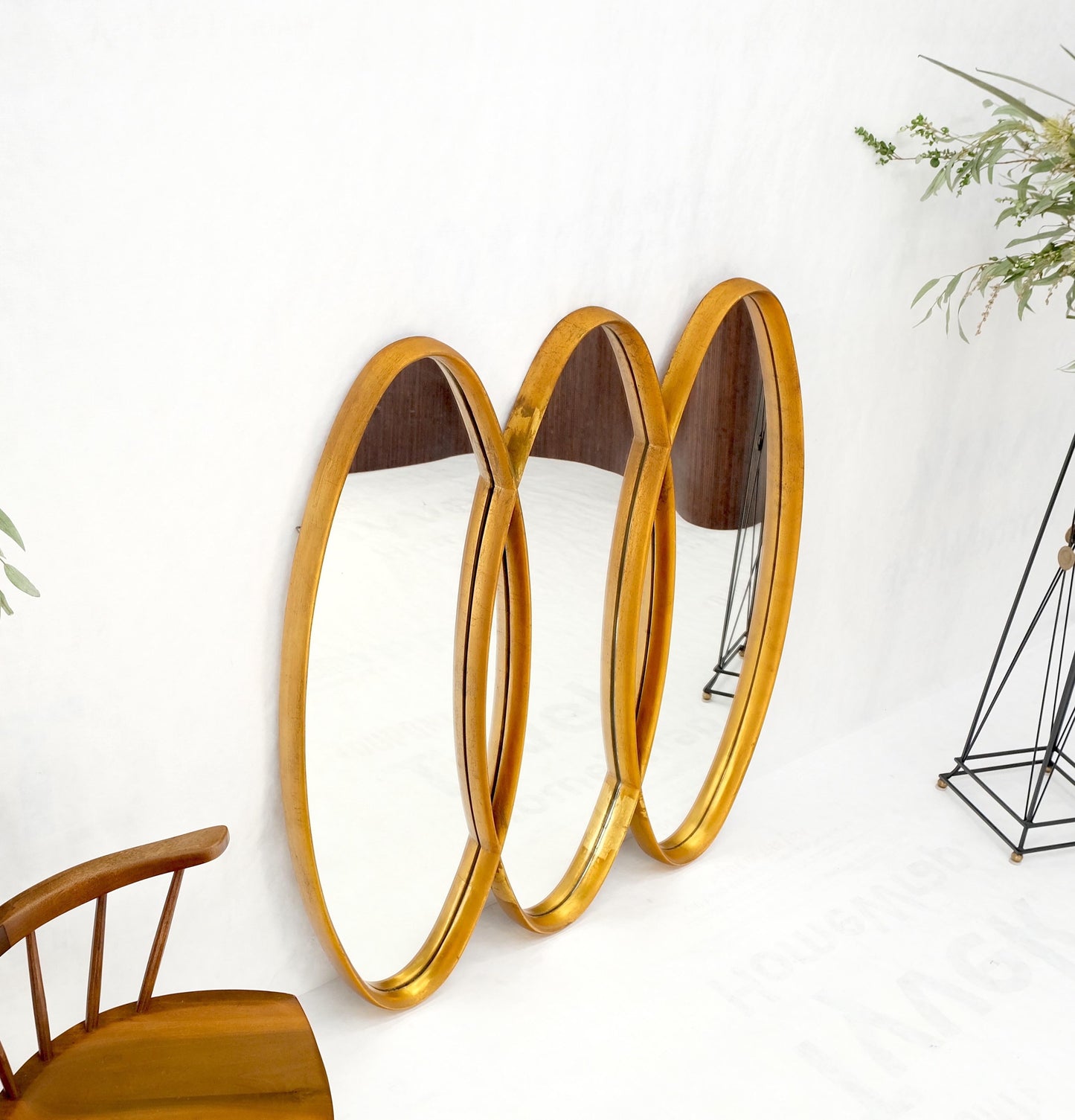 EstablishedLines Mid-Century Modern Tripple Overlapping Carved Wood Ovals Gold Gilt Wall Mirror