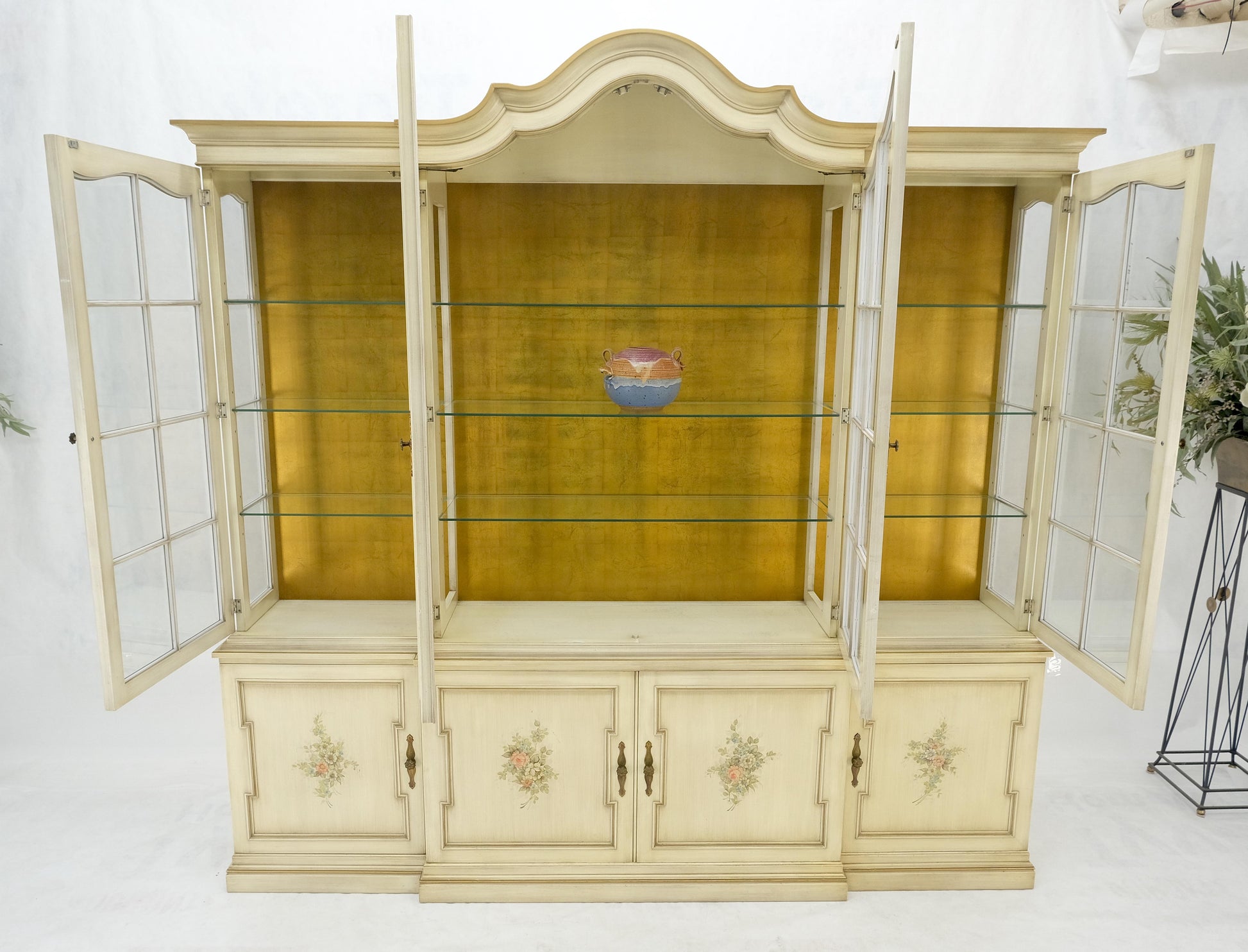 EstablishedLines Large 88" Wide Beveled Glass Gold Leaf Back Paint Decorated Break Front Cabinet