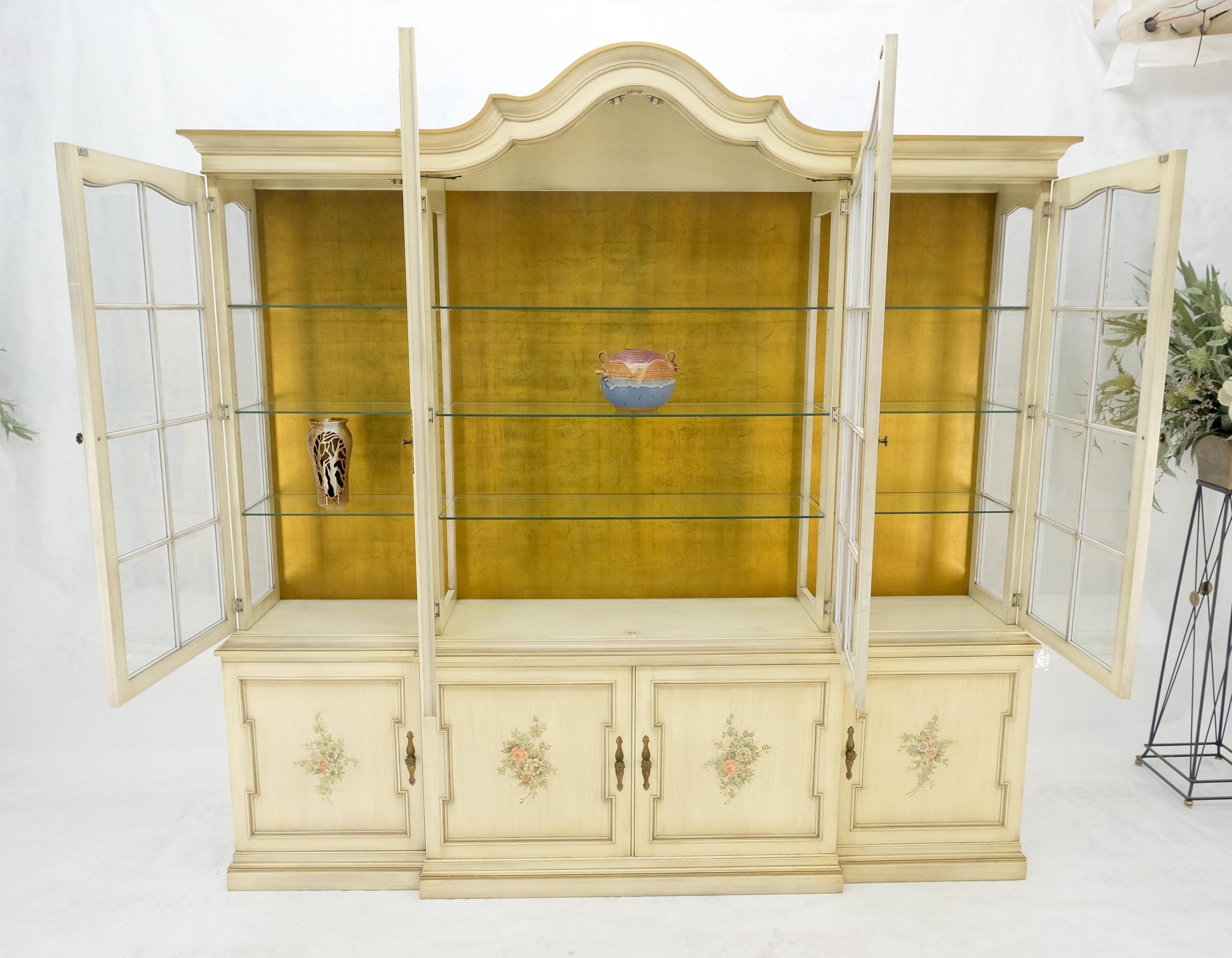 EstablishedLines Large 88" Wide Beveled Glass Gold Leaf Back Paint Decorated Break Front Cabinet