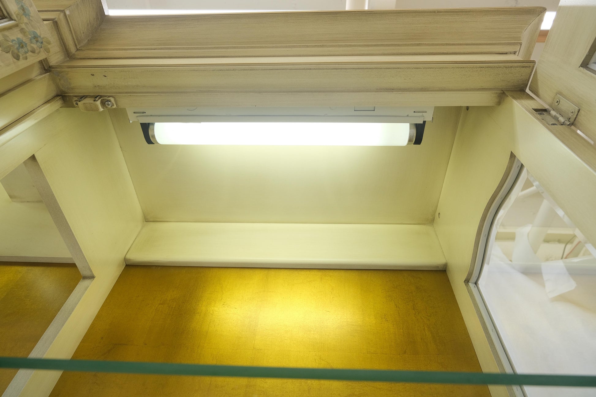 EstablishedLines Large 88" Wide Beveled Glass Gold Leaf Back Paint Decorated Break Front Cabinet