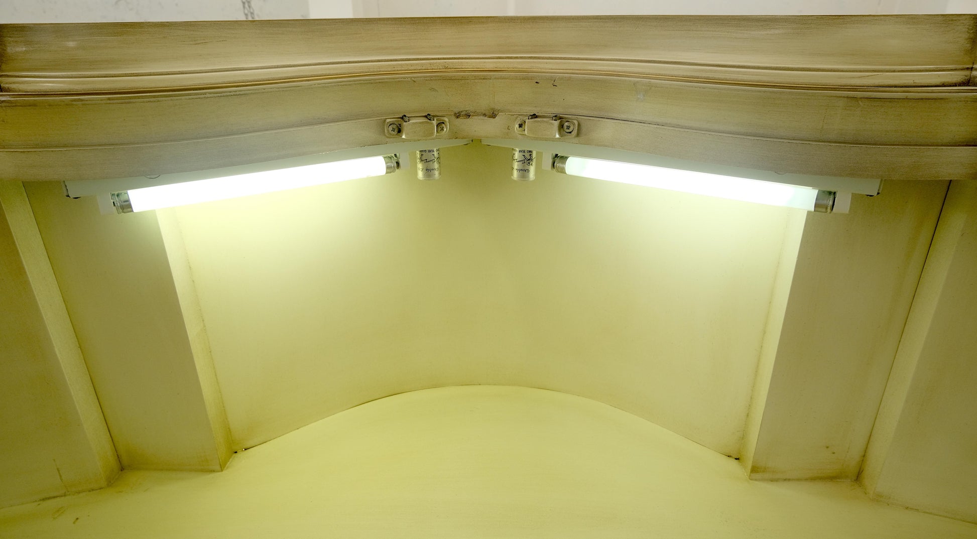 EstablishedLines Large 88" Wide Beveled Glass Gold Leaf Back Paint Decorated Break Front Cabinet