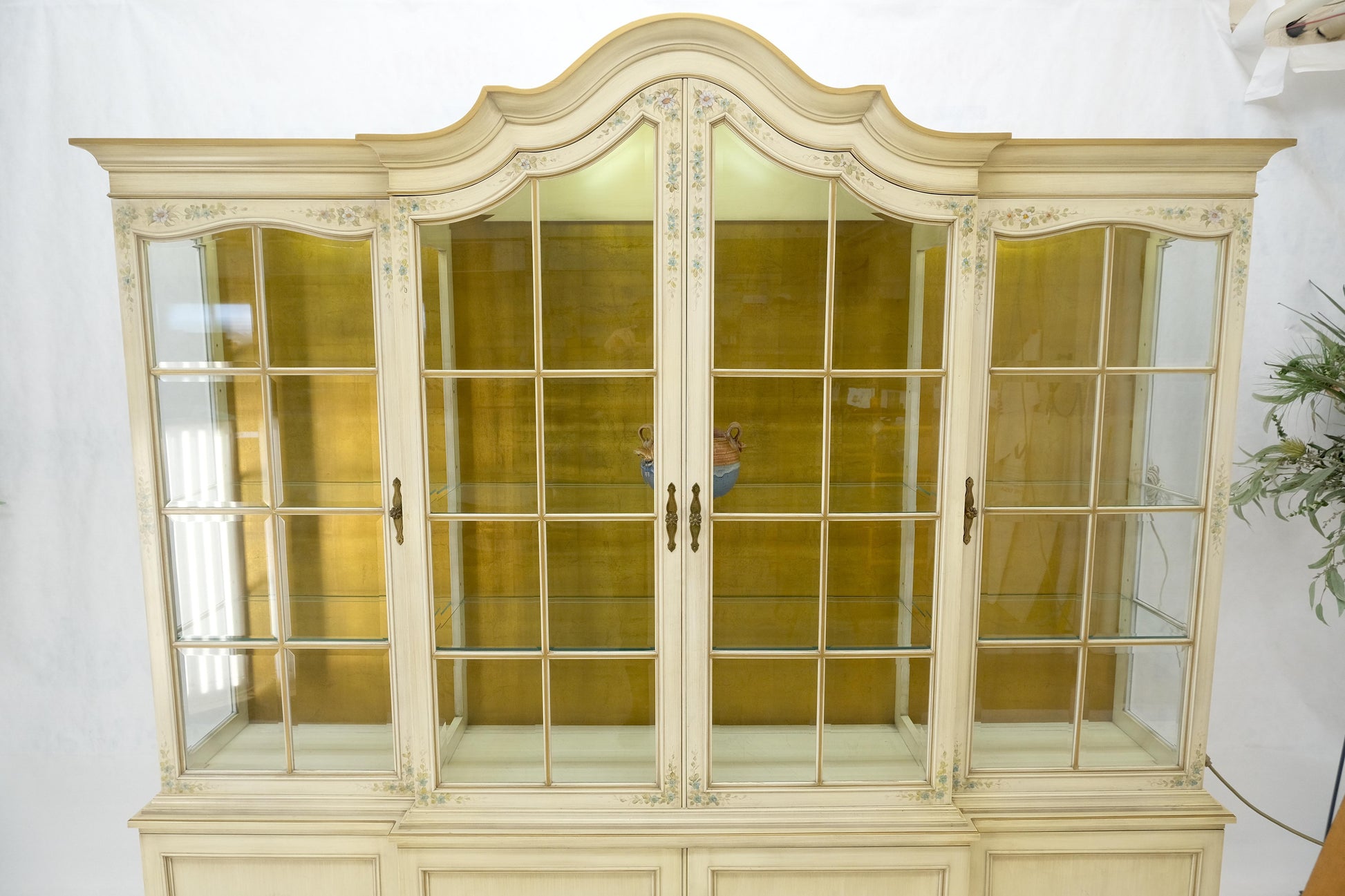EstablishedLines Large 88" Wide Beveled Glass Gold Leaf Back Paint Decorated Break Front Cabinet
