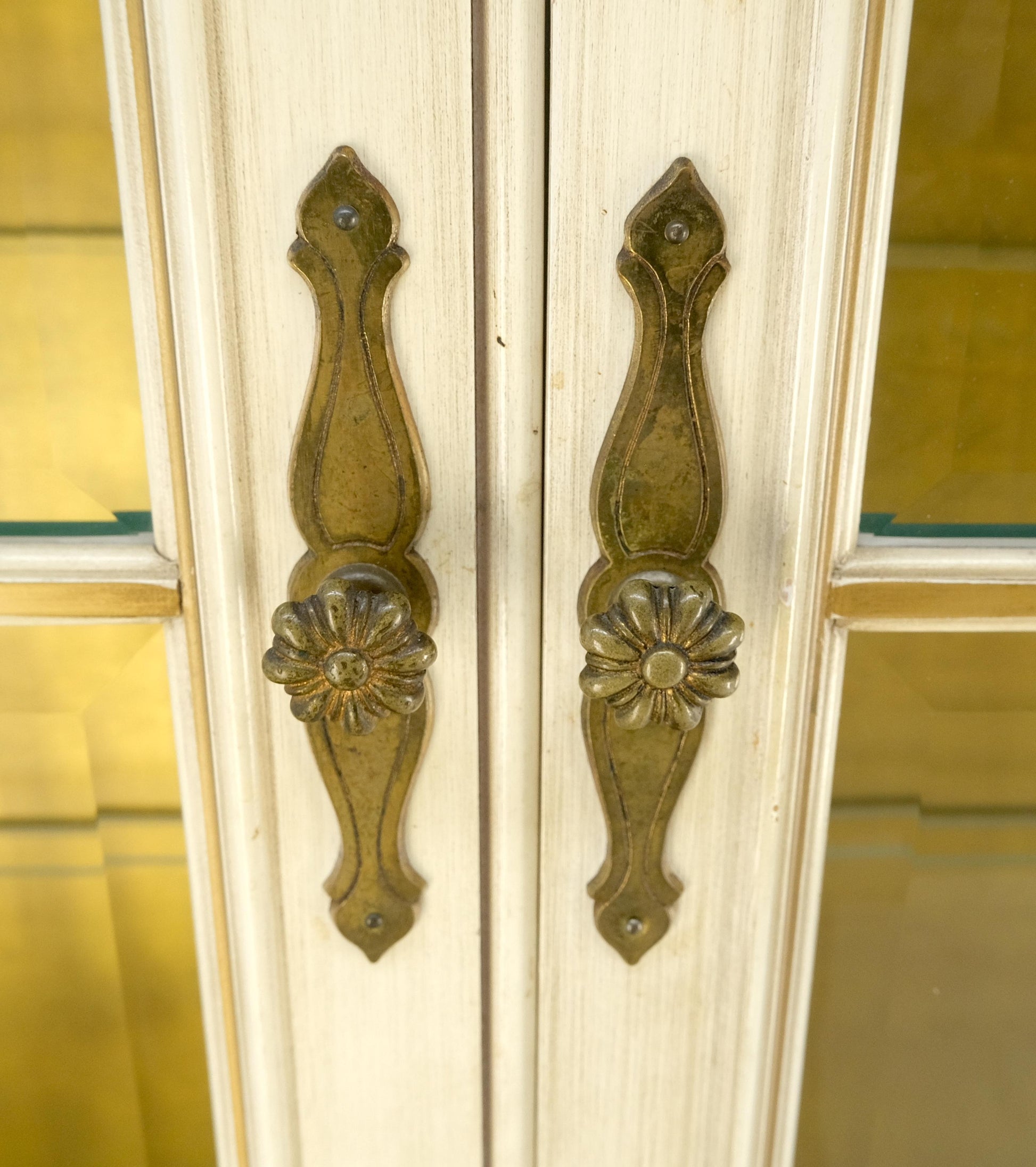 EstablishedLines Large 88" Wide Beveled Glass Gold Leaf Back Paint Decorated Break Front Cabinet