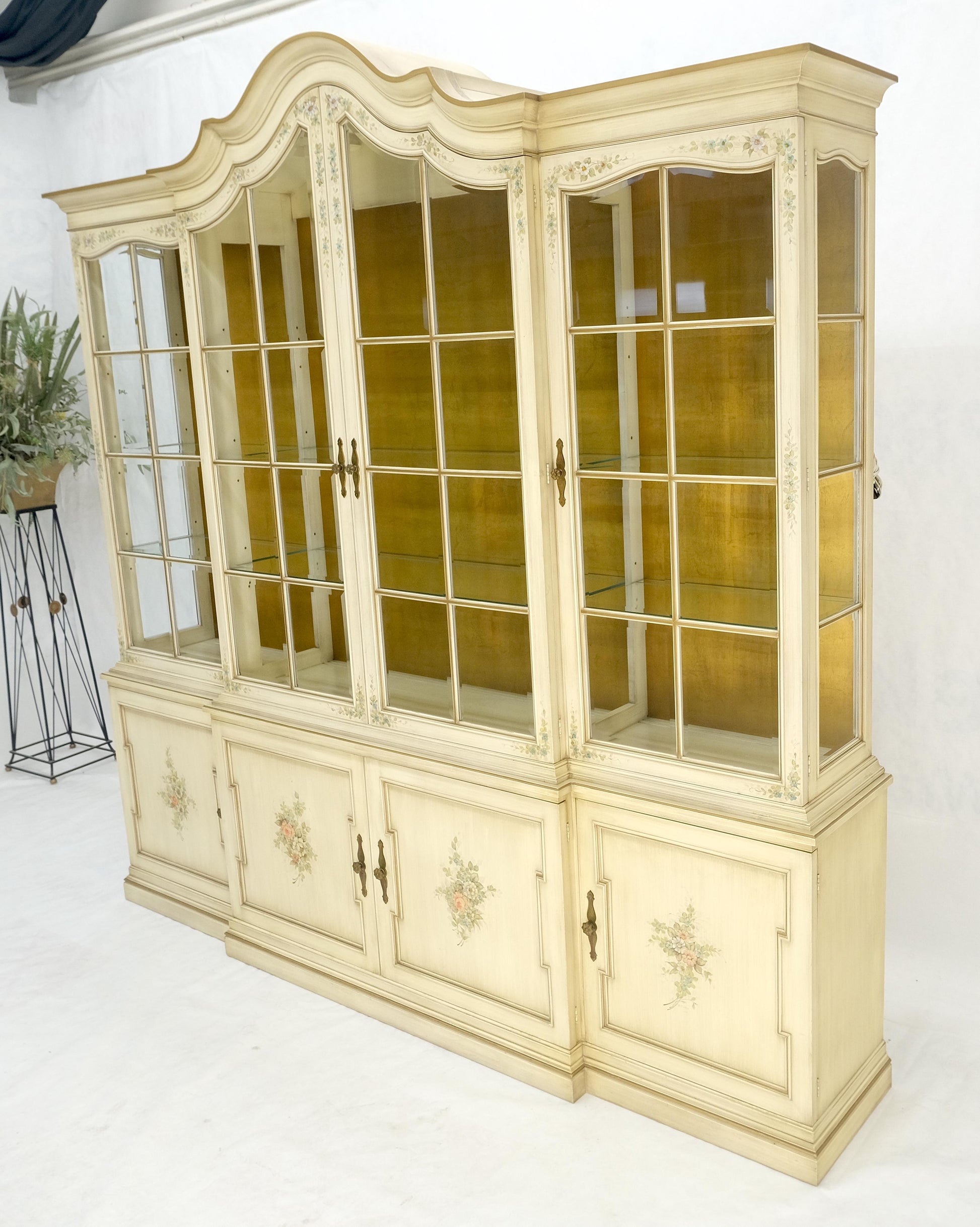 EstablishedLines Large 88" Wide Beveled Glass Gold Leaf Back Paint Decorated Break Front Cabinet
