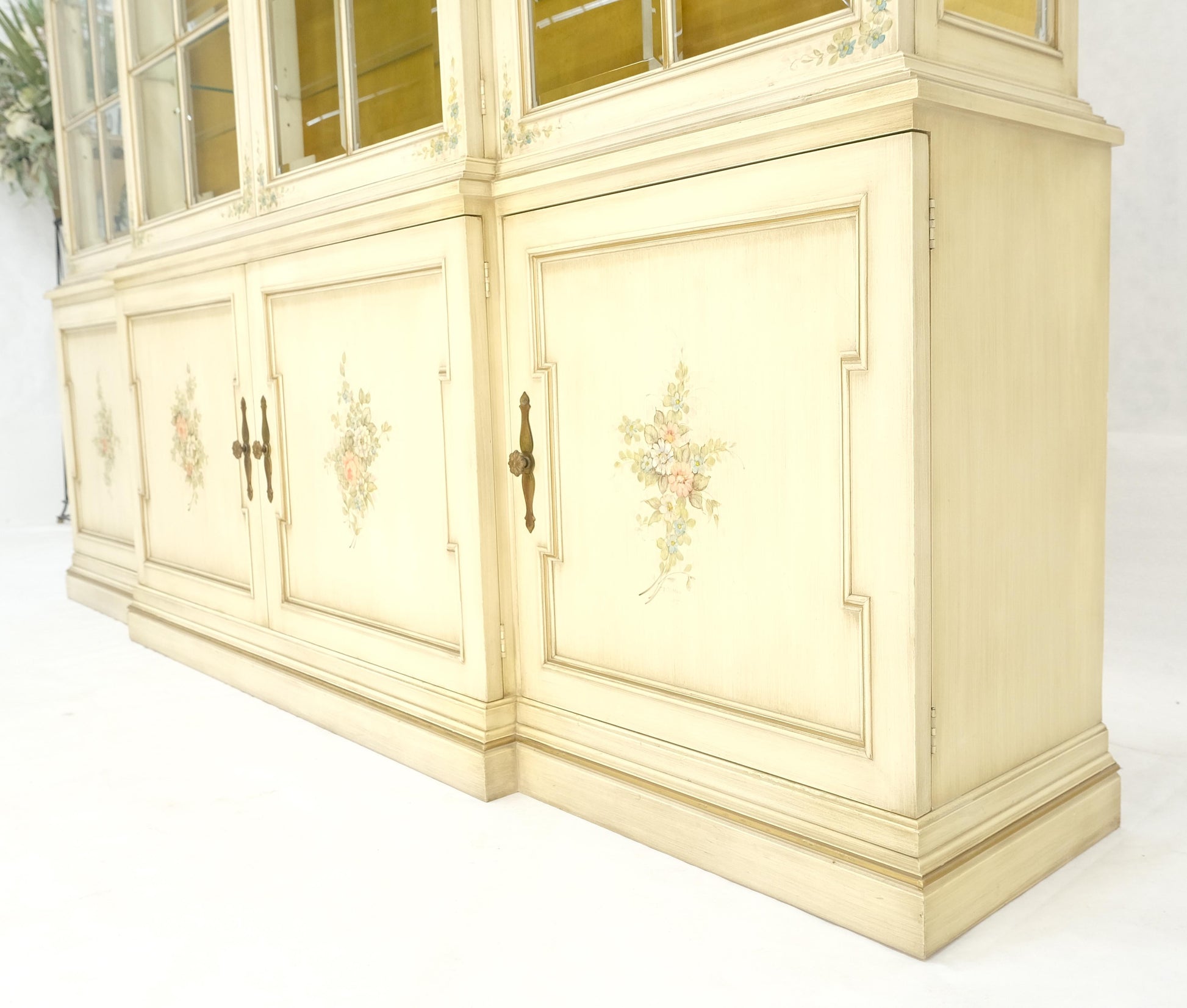 EstablishedLines Large 88" Wide Beveled Glass Gold Leaf Back Paint Decorated Break Front Cabinet