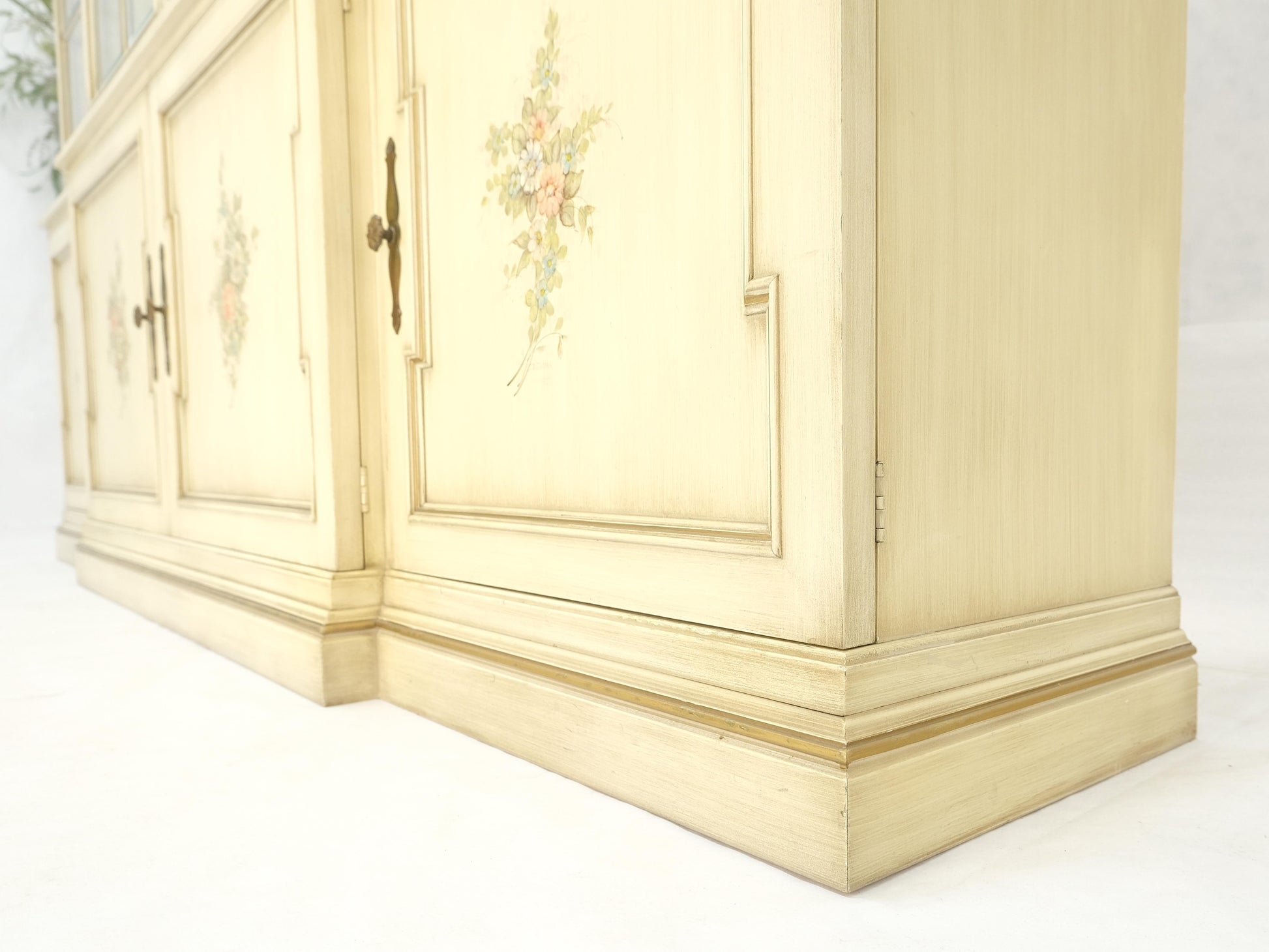 EstablishedLines Large 88" Wide Beveled Glass Gold Leaf Back Paint Decorated Break Front Cabinet