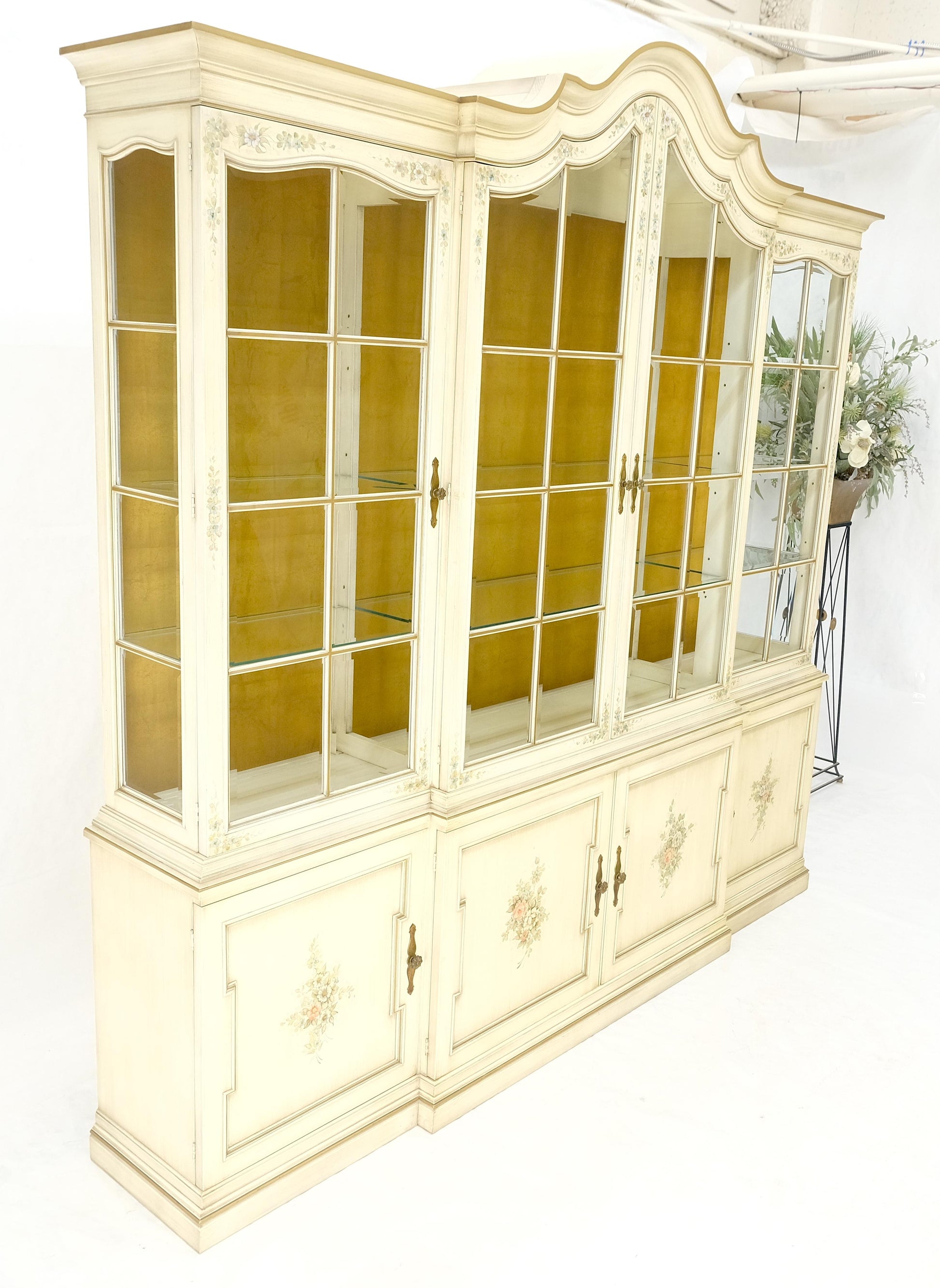 EstablishedLines Large 88" Wide Beveled Glass Gold Leaf Back Paint Decorated Break Front Cabinet