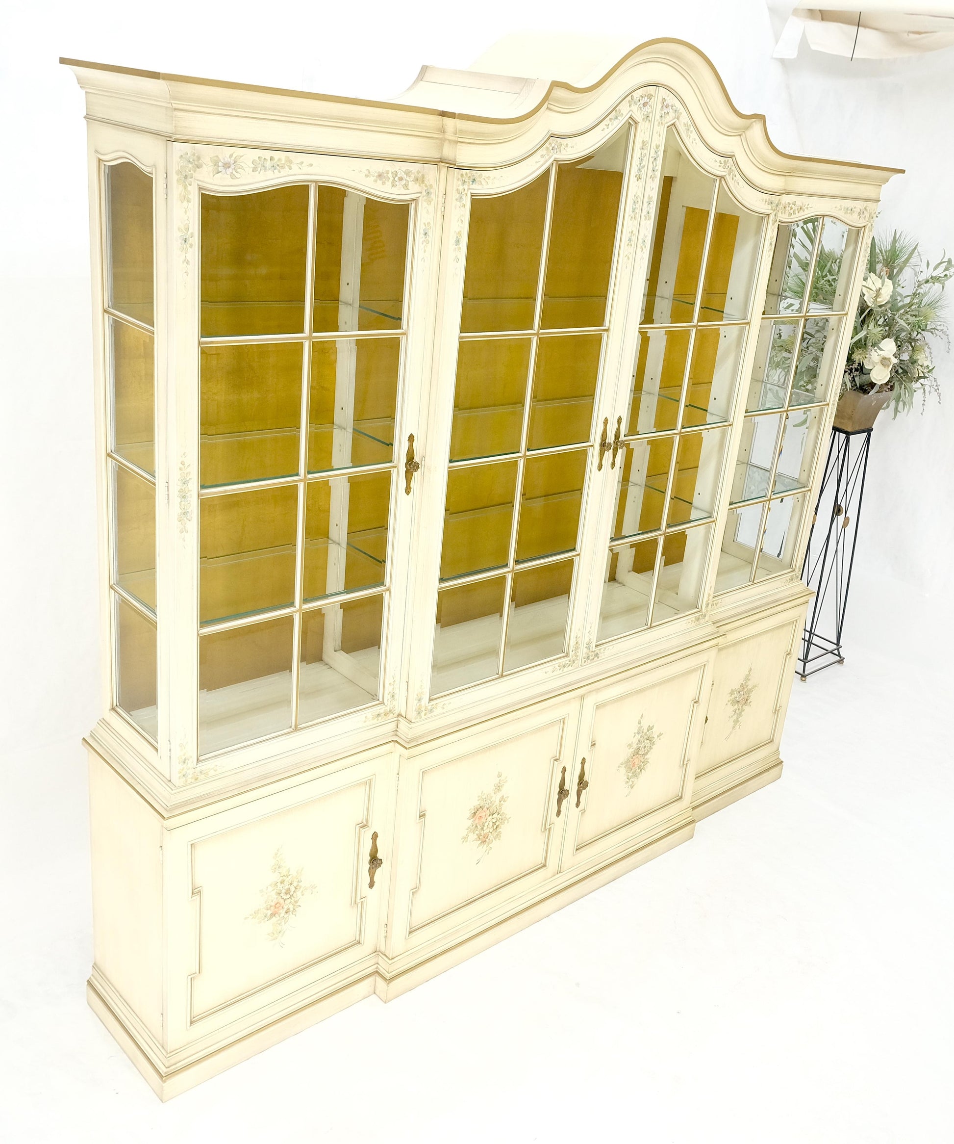 EstablishedLines Large 88" Wide Beveled Glass Gold Leaf Back Paint Decorated Break Front Cabinet