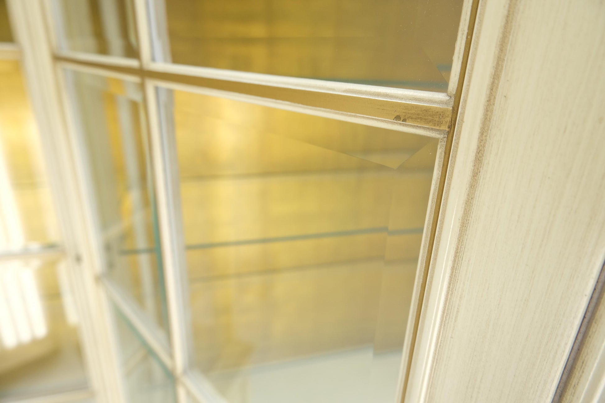 EstablishedLines Large 88" Wide Beveled Glass Gold Leaf Back Paint Decorated Break Front Cabinet