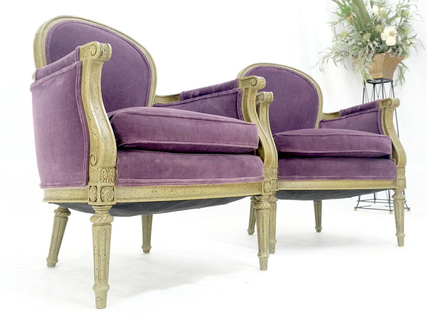 EstablishedLines Pair of Purple Velvet Upholstery French Bergere Club Chairs Clean!