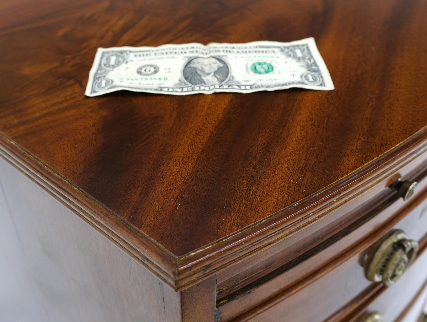 EstablishedLines Antique 19th Century 4 Drawers Pull Out Tray Flame Mahogany Bachelor Chest Brass