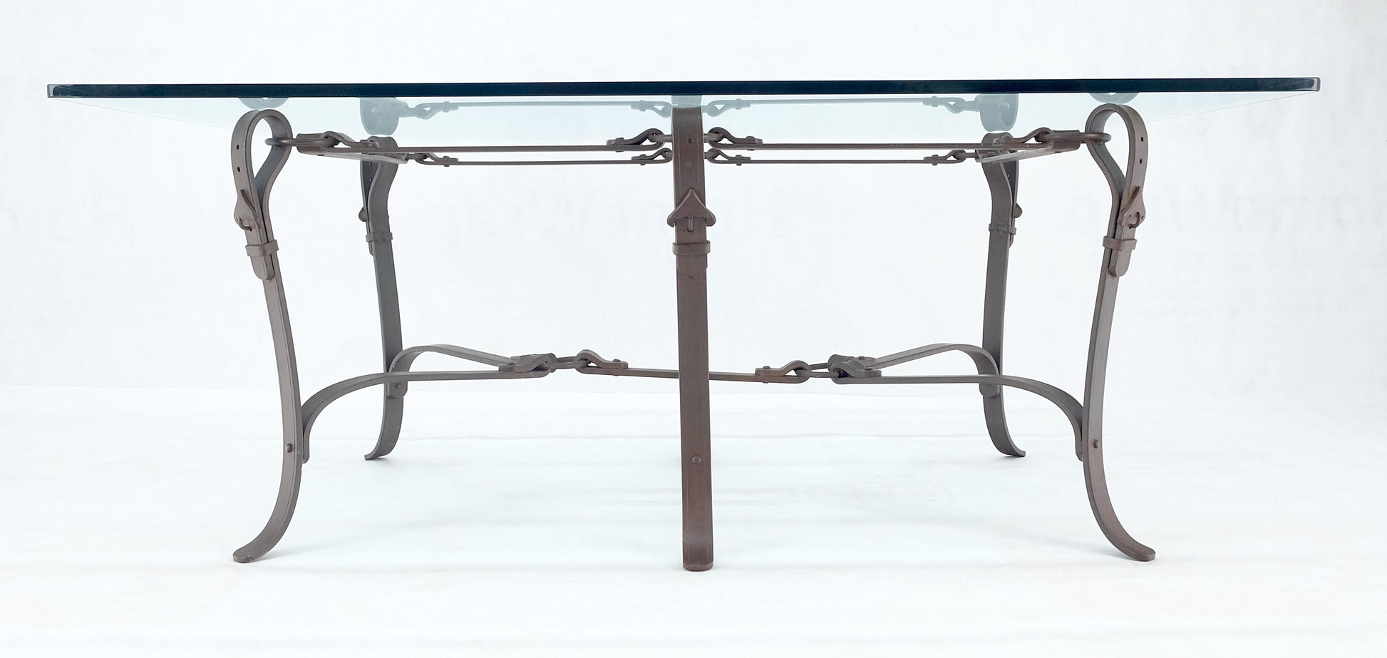 EstablishedLines Wrought Iron Faux Belts Rinded Together Base 3/4" Glass Top Large Coffee Table