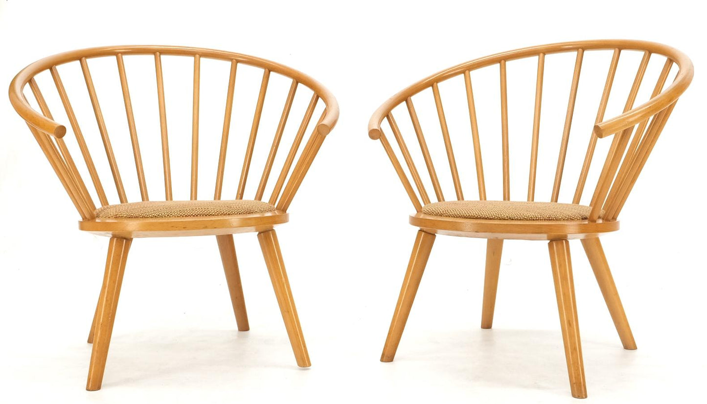 EstablishedLines Pair of Japanese Mid Century Modern Akita Mokko Fan Barrel Back Lounge Chairs