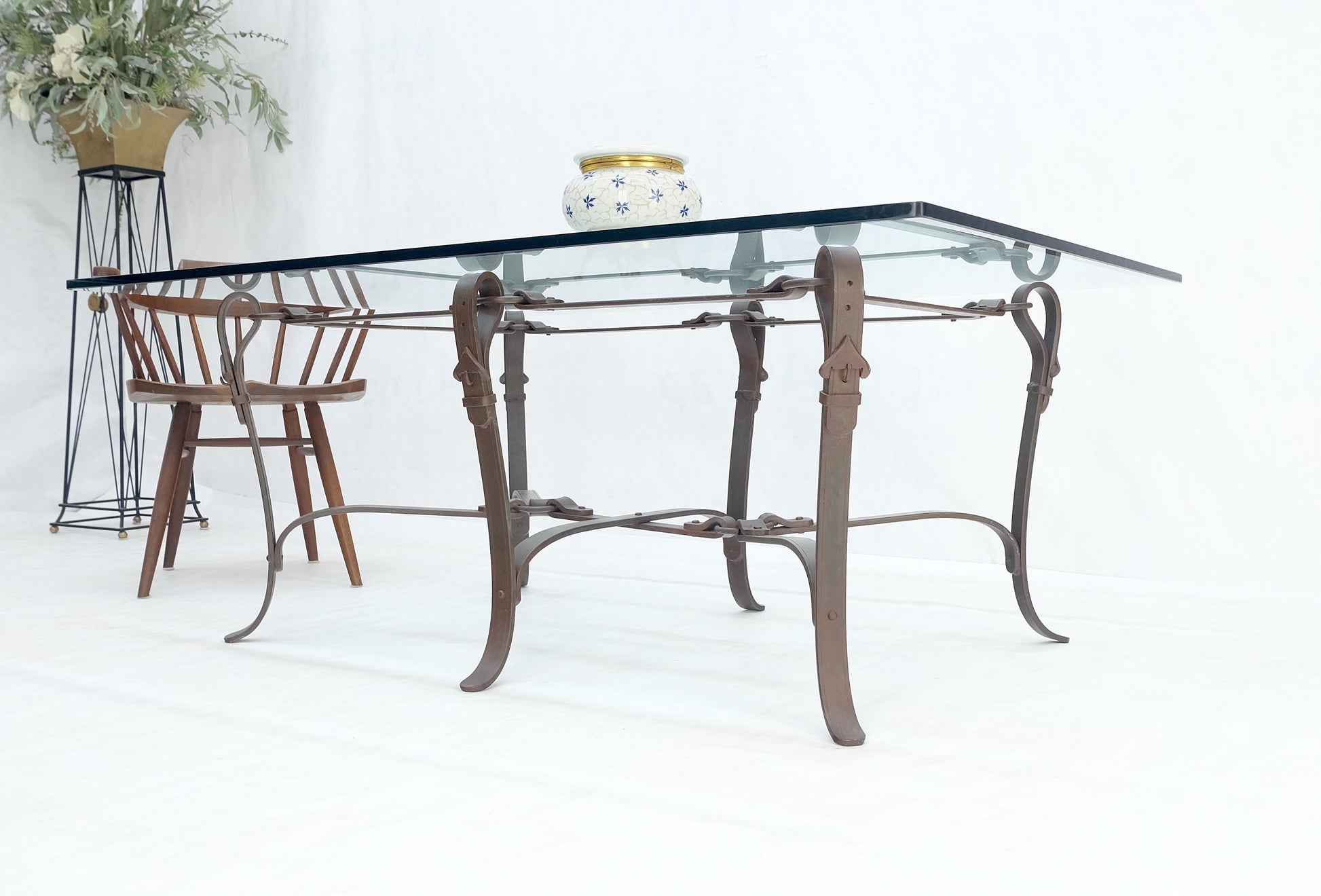 EstablishedLines Wrought Iron Faux Belts Rinded Together Base 3/4" Glass Top Large Coffee Table