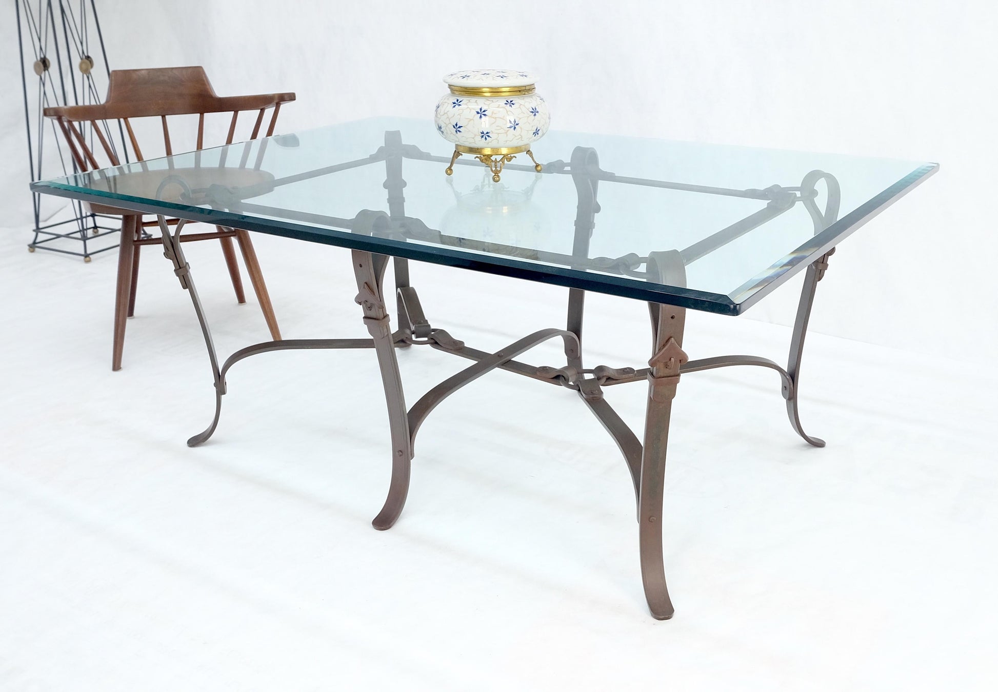EstablishedLines Wrought Iron Faux Belts Rinded Together Base 3/4" Glass Top Large Coffee Table