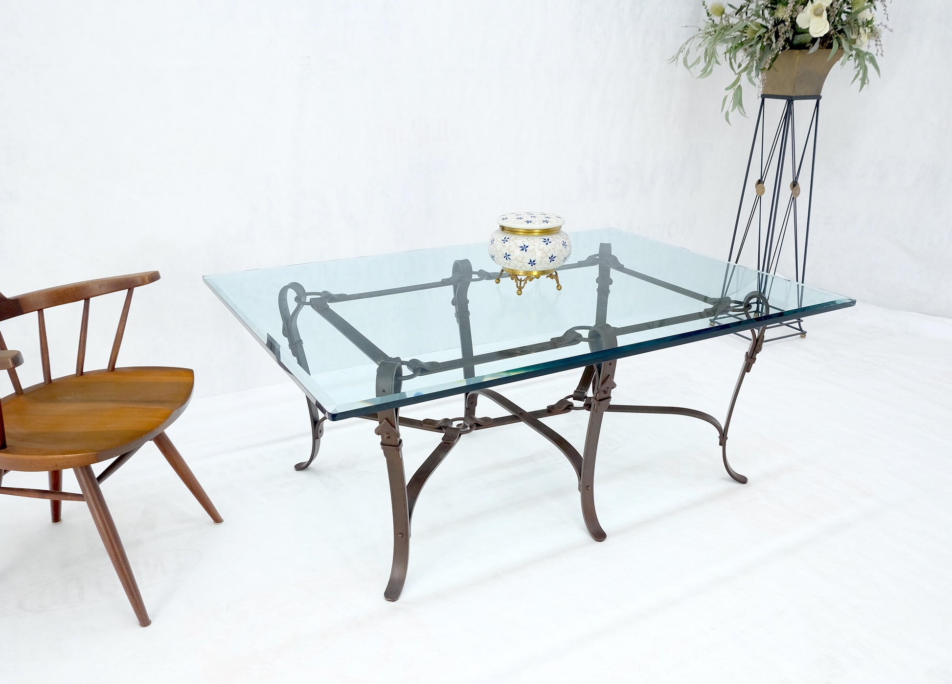 EstablishedLines Wrought Iron Faux Belts Rinded Together Base 3/4" Glass Top Large Coffee Table
