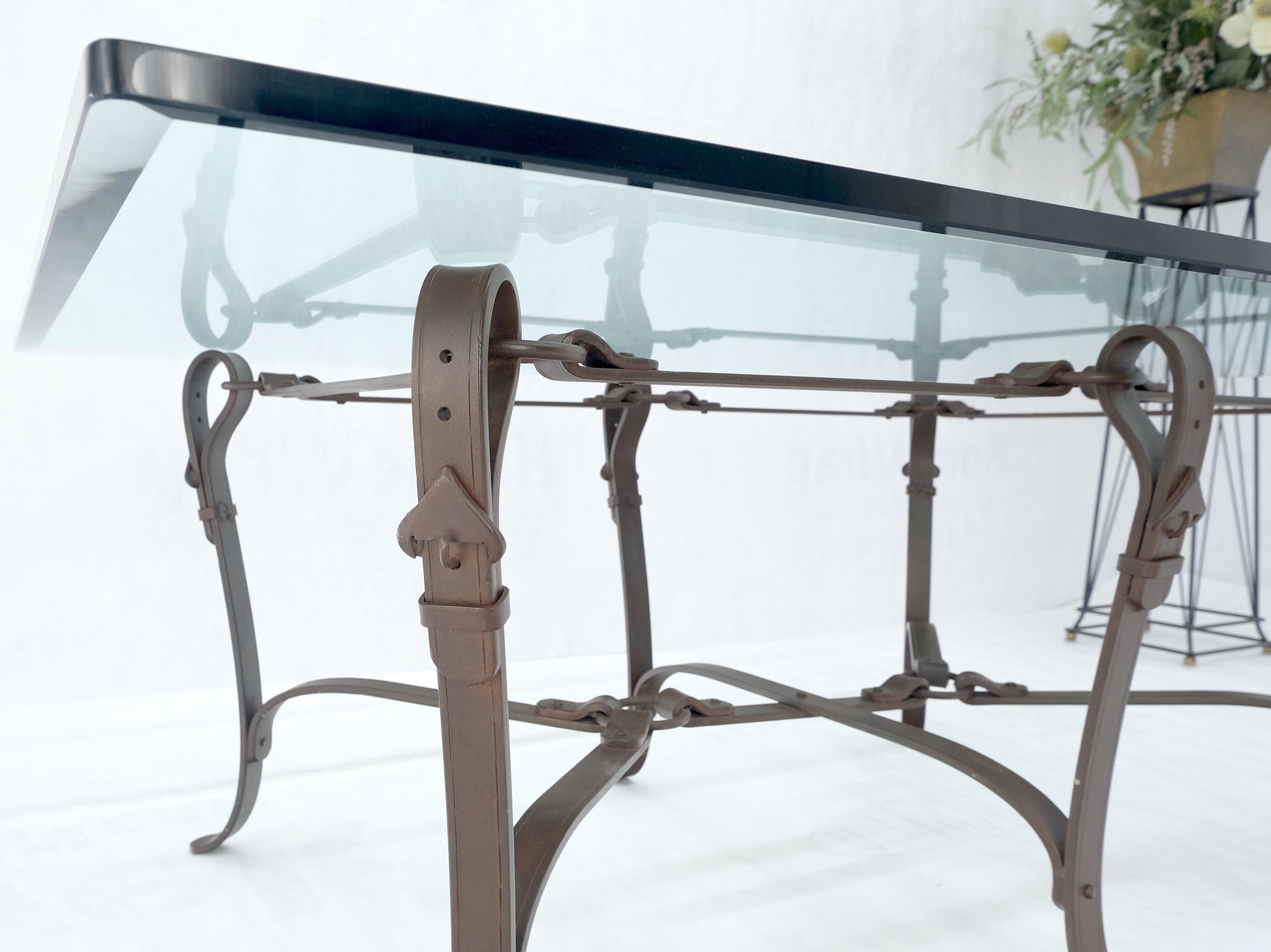 EstablishedLines Wrought Iron Faux Belts Rinded Together Base 3/4" Glass Top Large Coffee Table