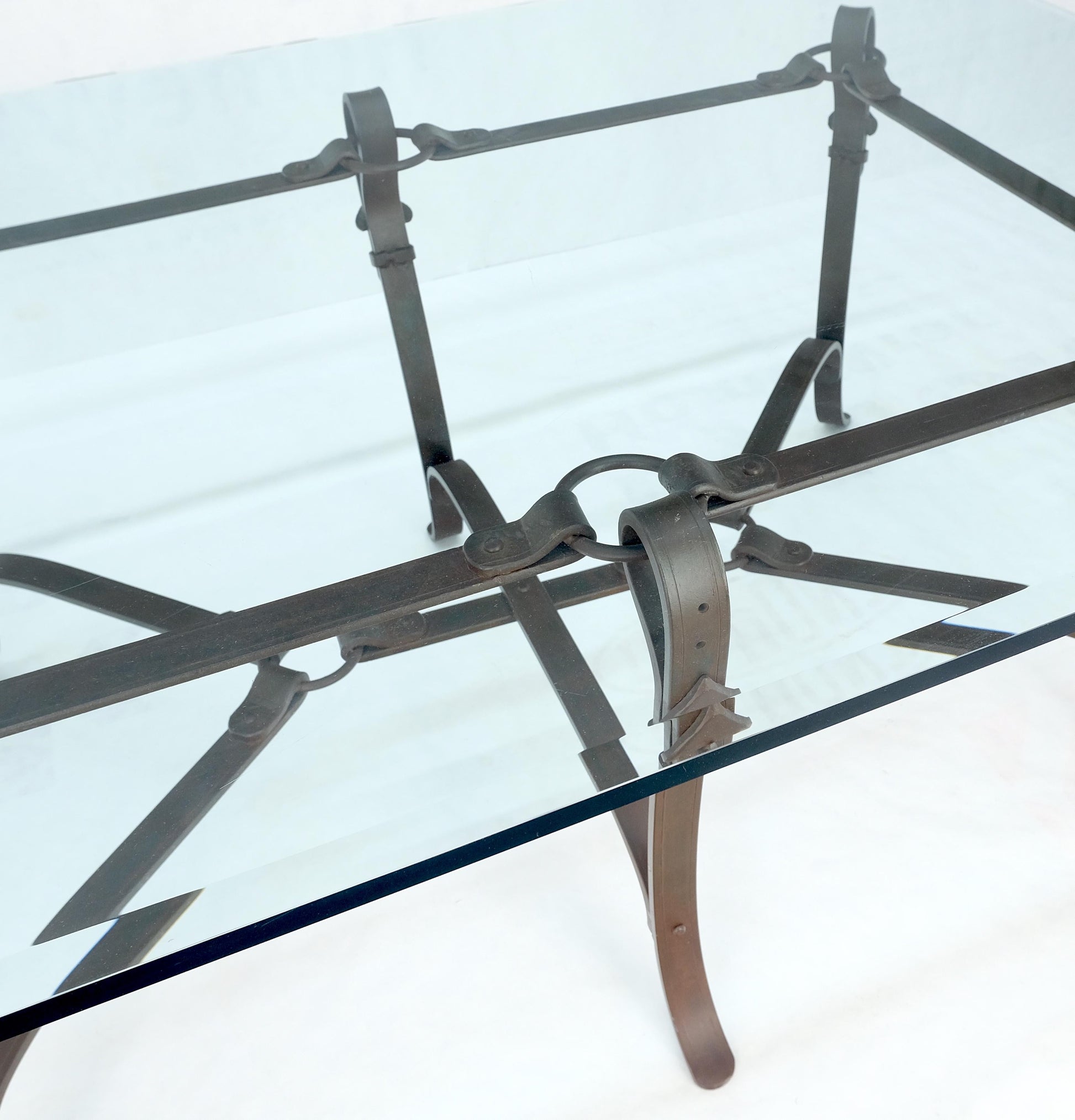 EstablishedLines Wrought Iron Faux Belts Rinded Together Base 3/4" Glass Top Large Coffee Table