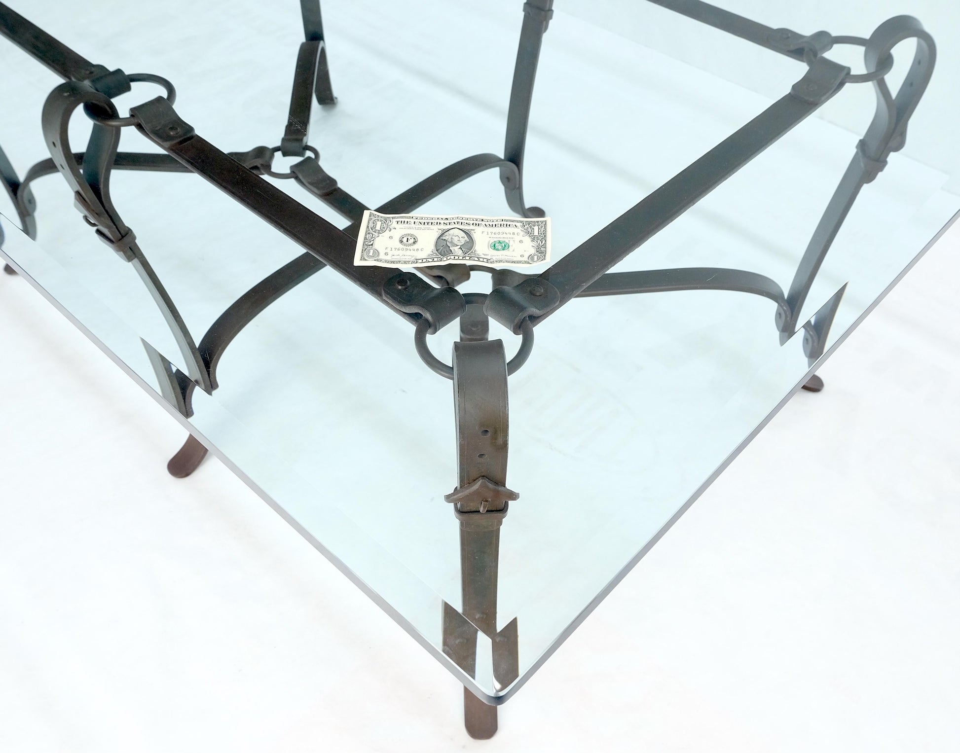 EstablishedLines Wrought Iron Faux Belts Rinded Together Base 3/4" Glass Top Large Coffee Table