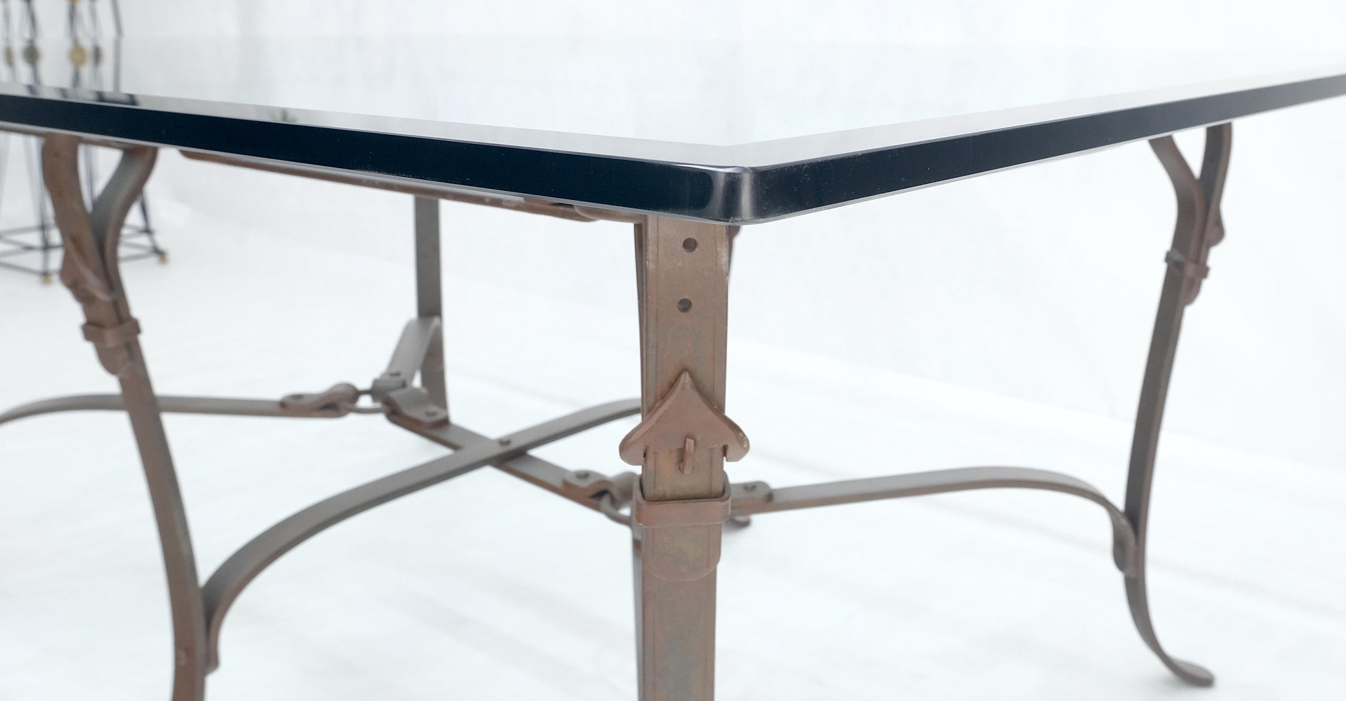 EstablishedLines Wrought Iron Faux Belts Rinded Together Base 3/4" Glass Top Large Coffee Table