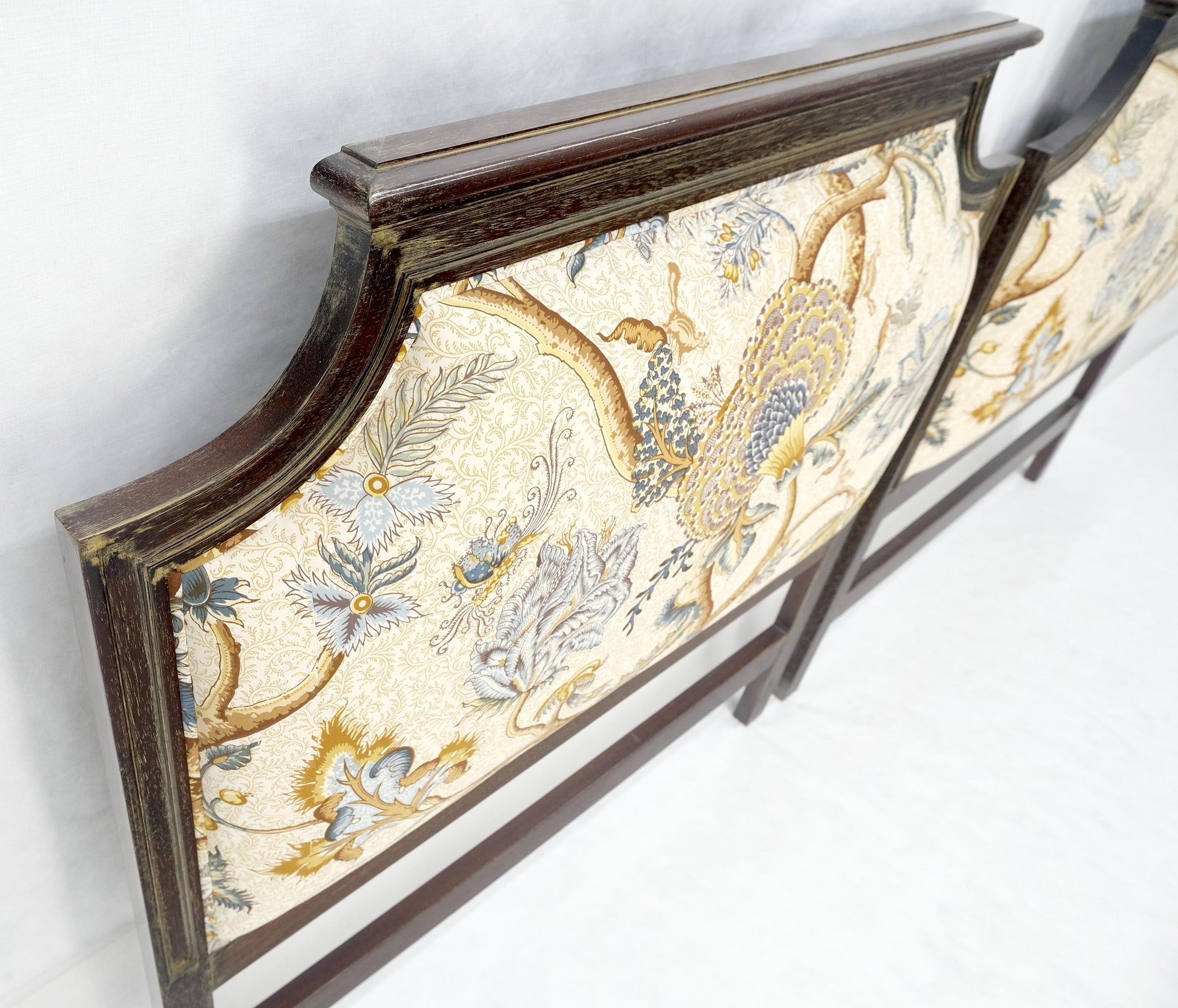 EstablishedLines Pair of Very Fine Cerused Mahogany New Upholstery Twin Size Headboards Beds MINT