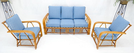 EstablishedLines New Linen Upholstery Three Seater Sofa Bamboo Sofa & Pair of Club Chairs MINT!