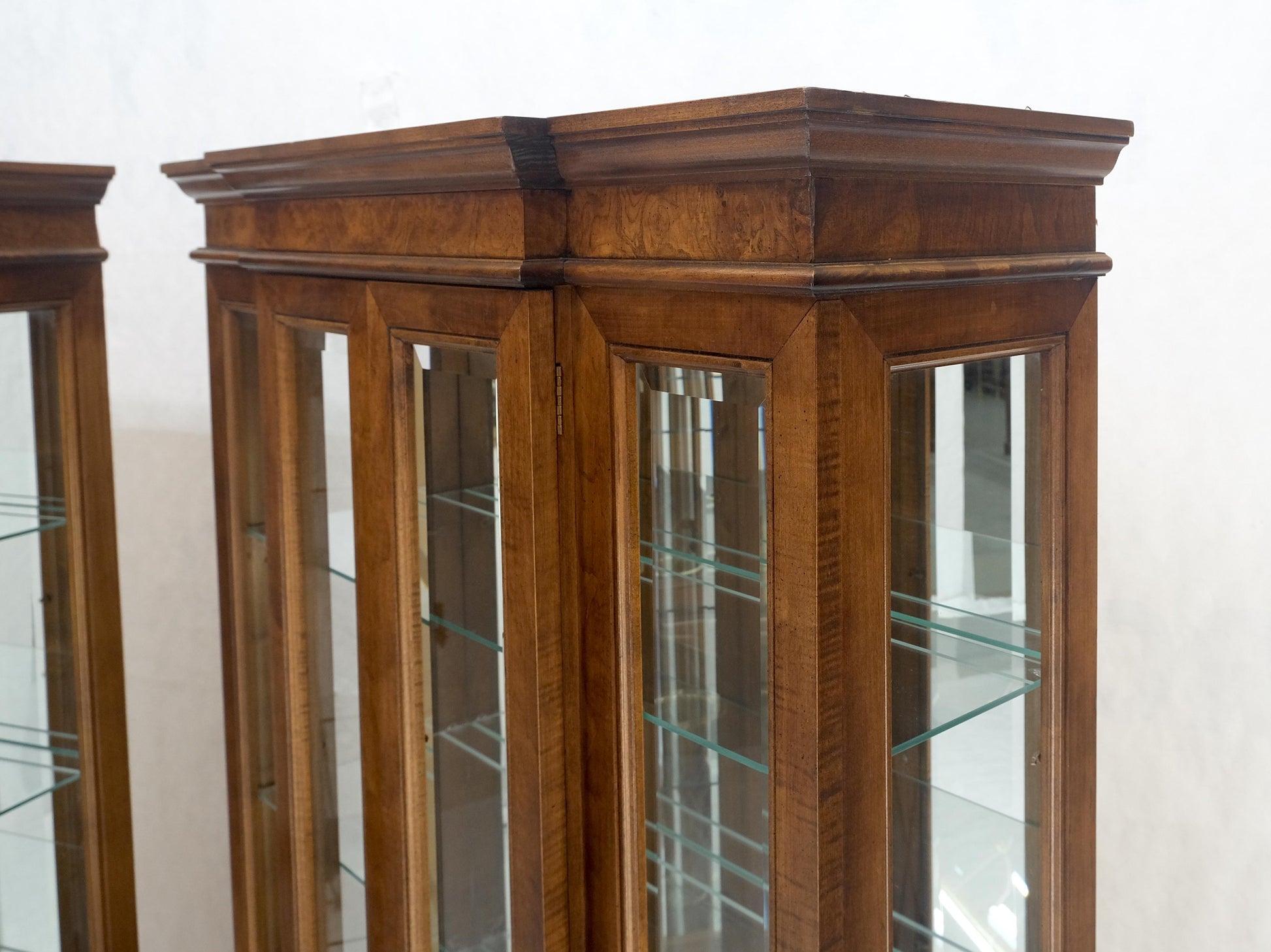 EstablishedLines Mid Century Burl Wood Glass 38" Wide 76" Tall Curio Display Cabinet Vitrine MINT