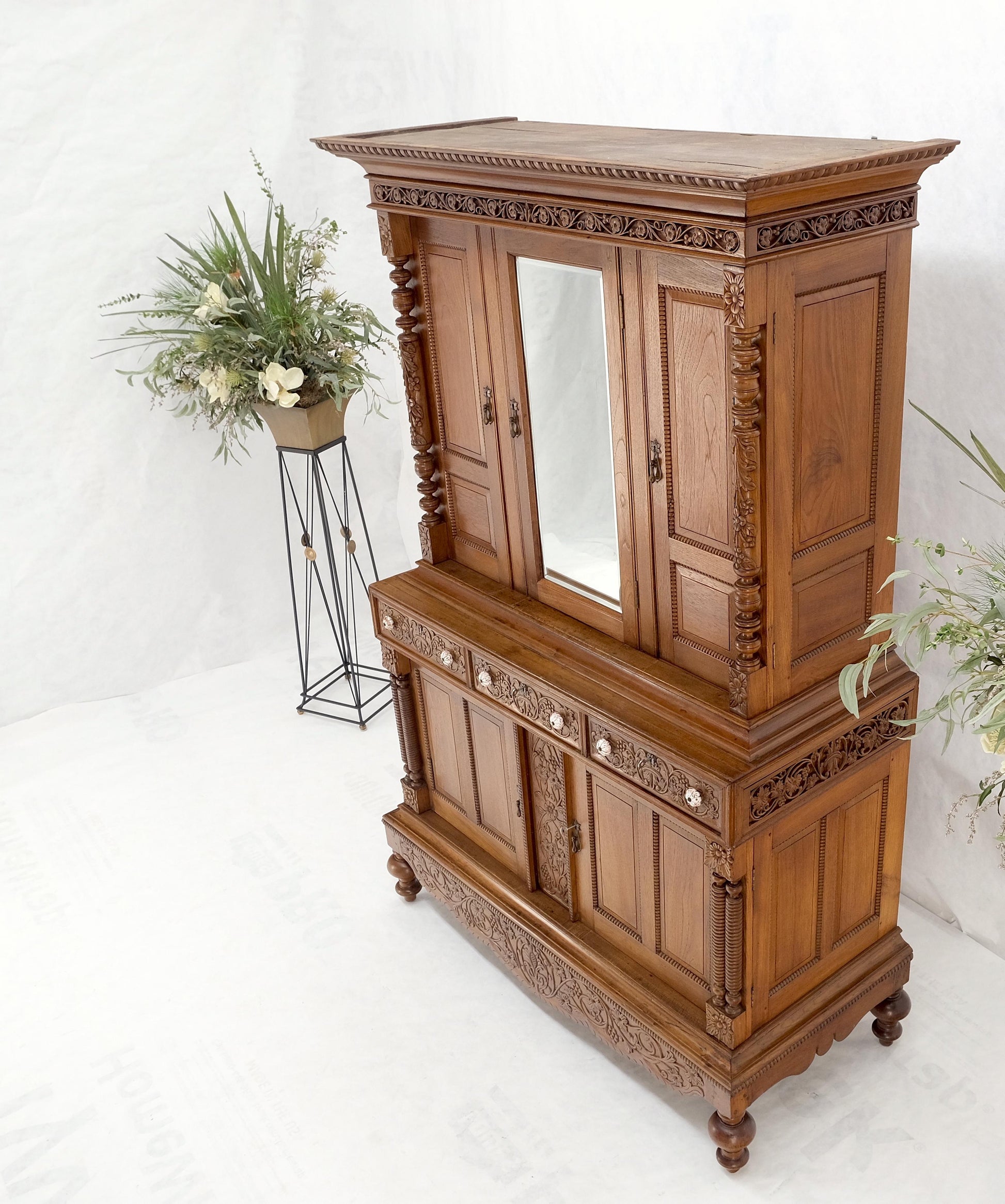 EstablishedLines Solid Carved Teak Antique Two Part Cupboard Cabinet with Unique Feature Mint!
