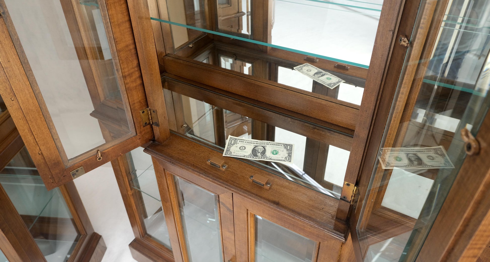 EstablishedLines Mid Century Burl Wood Glass 38" Wide 76" Tall Curio Display Cabinet Vitrine MINT