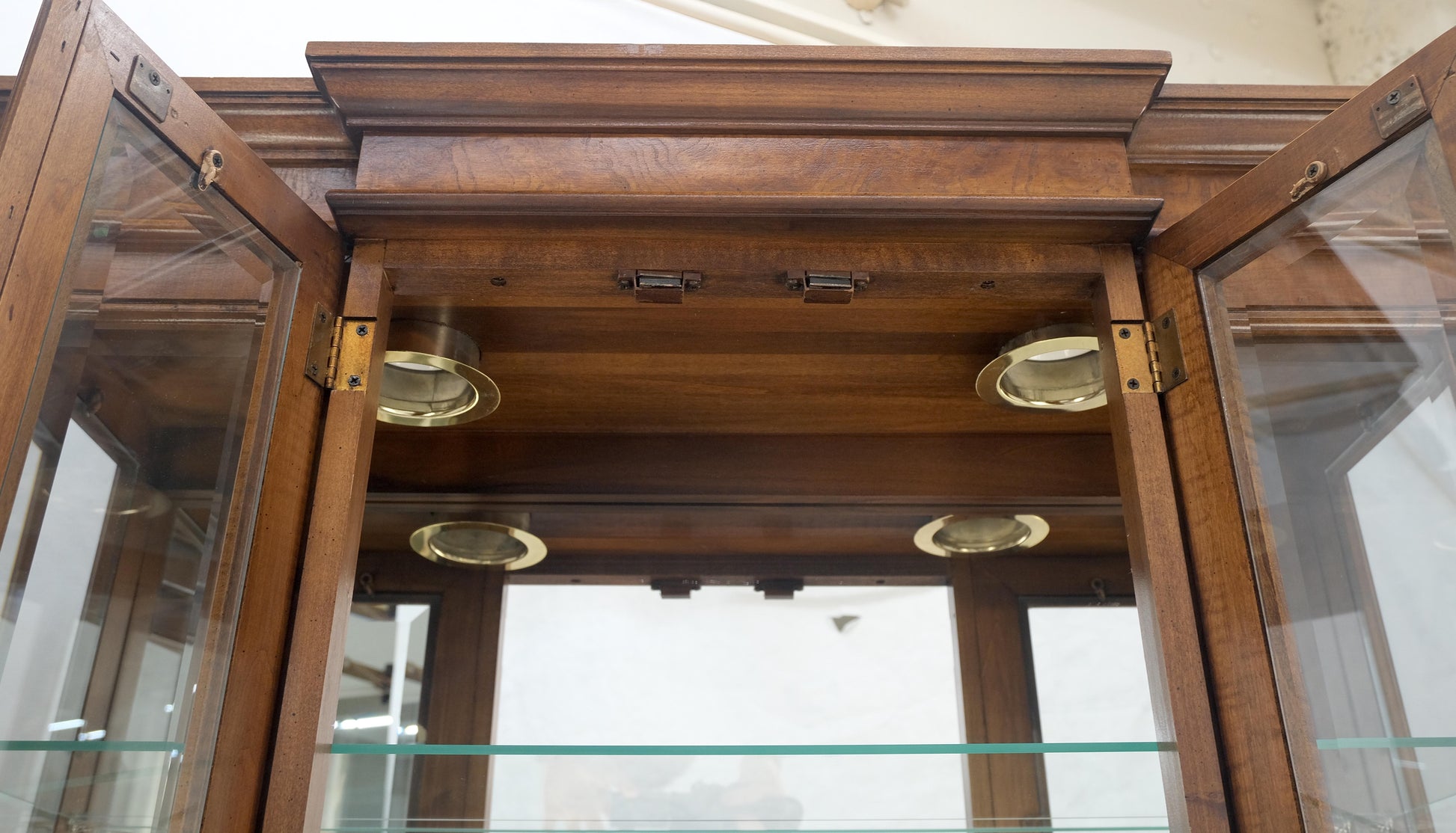 EstablishedLines Mid Century Burl Wood Glass 38" Wide 76" Tall Curio Display Cabinet Vitrine MINT
