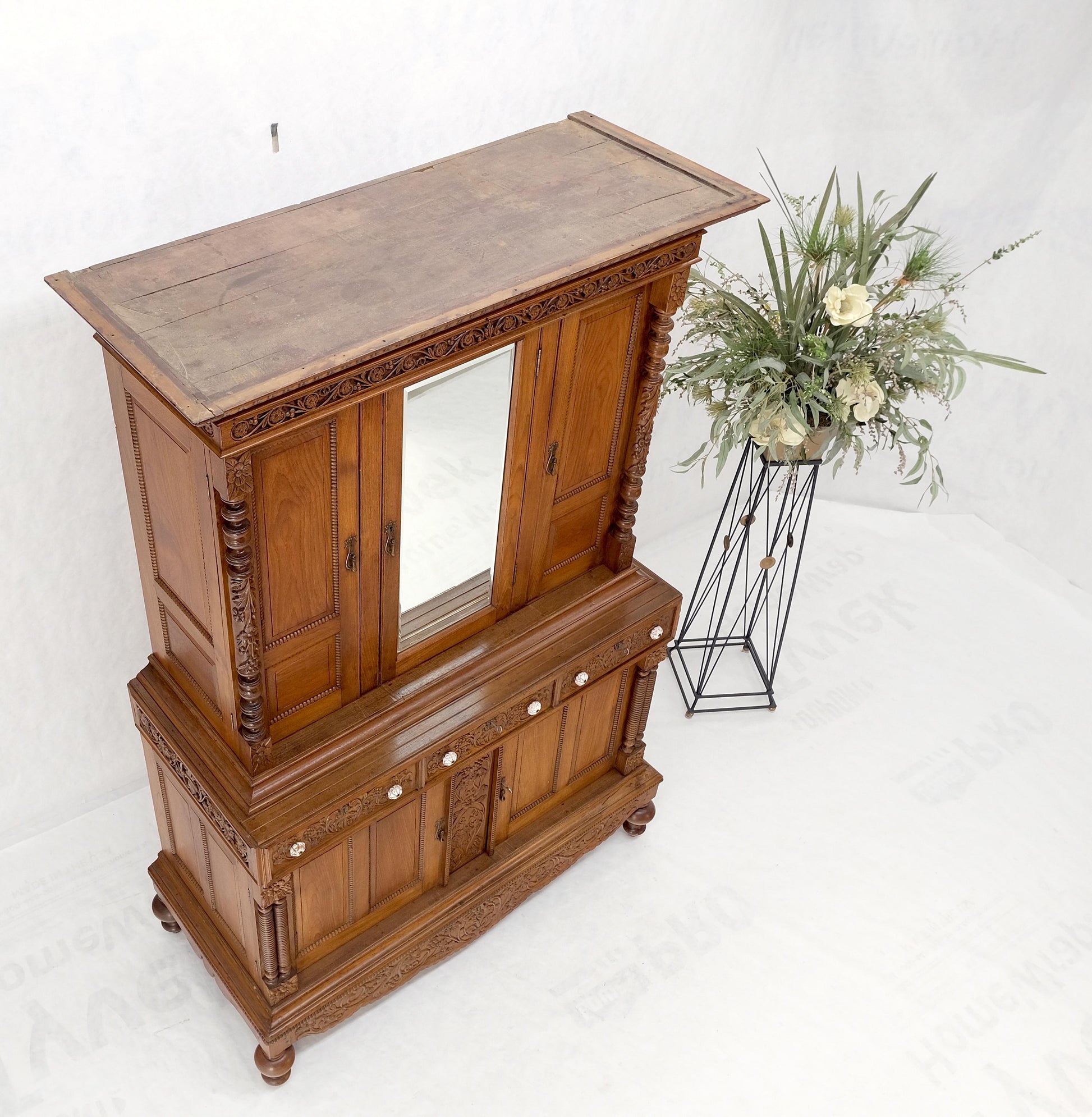 EstablishedLines Solid Carved Teak Antique Two Part Cupboard Cabinet with Unique Feature Mint!