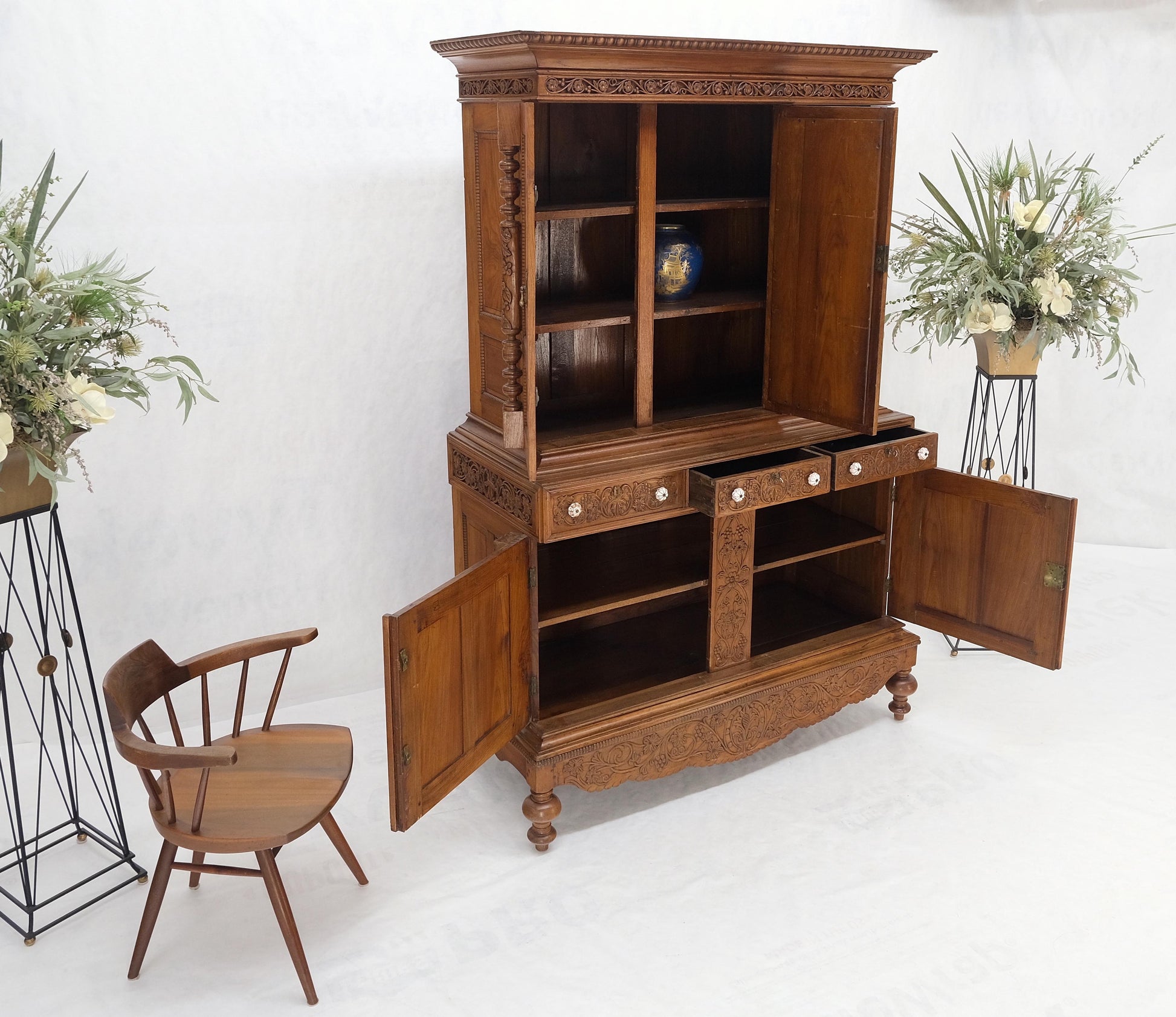 EstablishedLines Solid Carved Teak Antique Two Part Cupboard Cabinet with Unique Feature Mint!