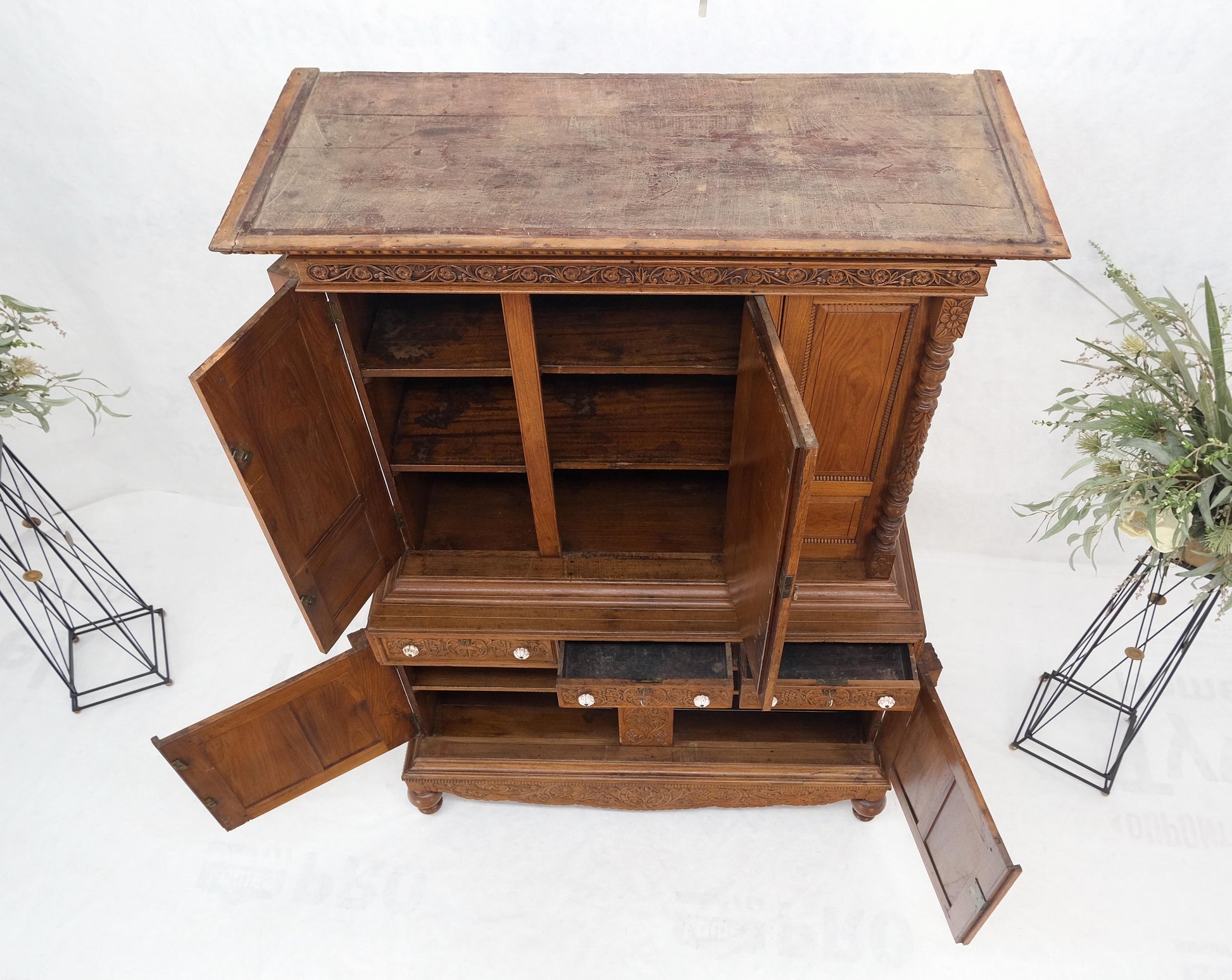 EstablishedLines Solid Carved Teak Antique Two Part Cupboard Cabinet with Unique Feature Mint!