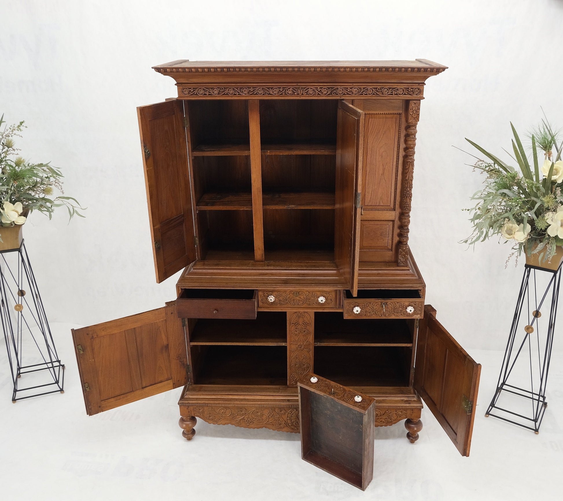 EstablishedLines Solid Carved Teak Antique Two Part Cupboard Cabinet with Unique Feature Mint!