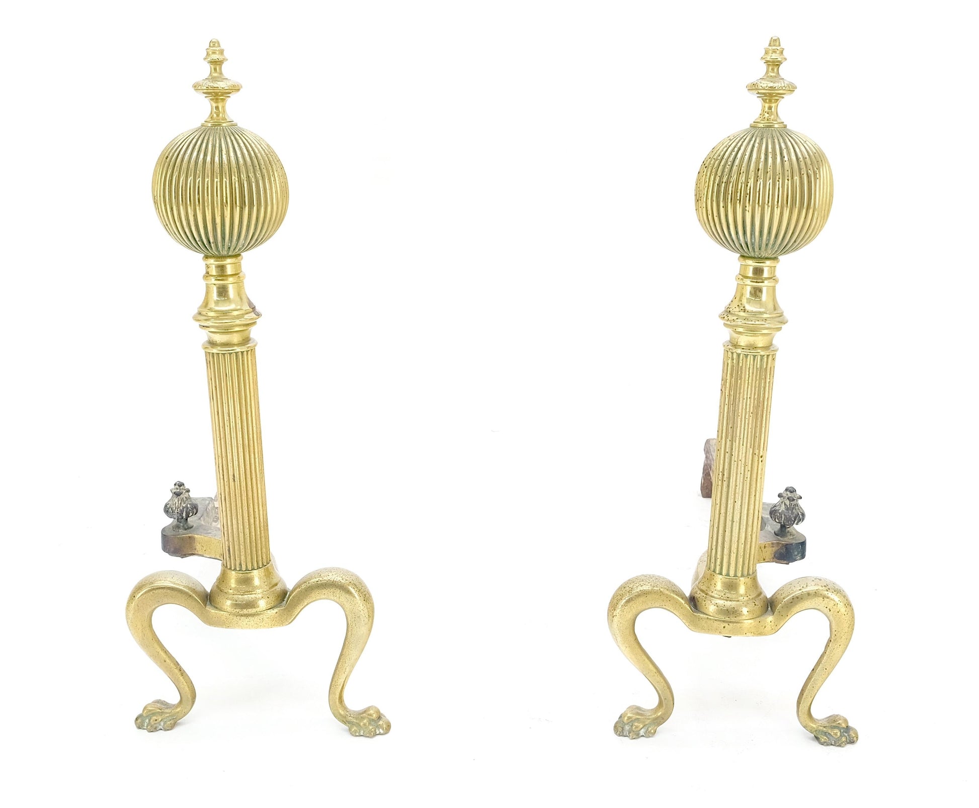 EstablishedLines Pair of Antique Solid Brass Ball Top Claw Feet Fireplace 22" Tall End Irons MINT