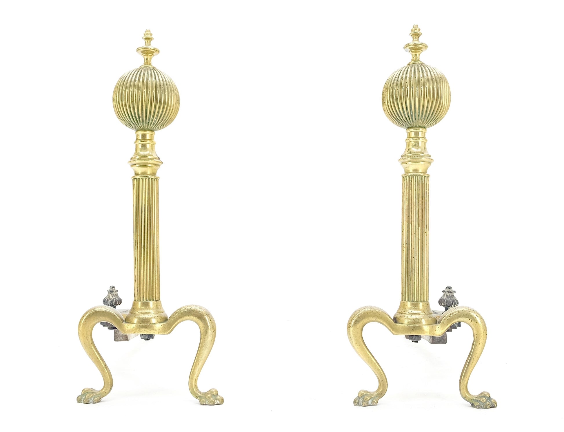 EstablishedLines Pair of Antique Solid Brass Ball Top Claw Feet Fireplace 22" Tall End Irons MINT