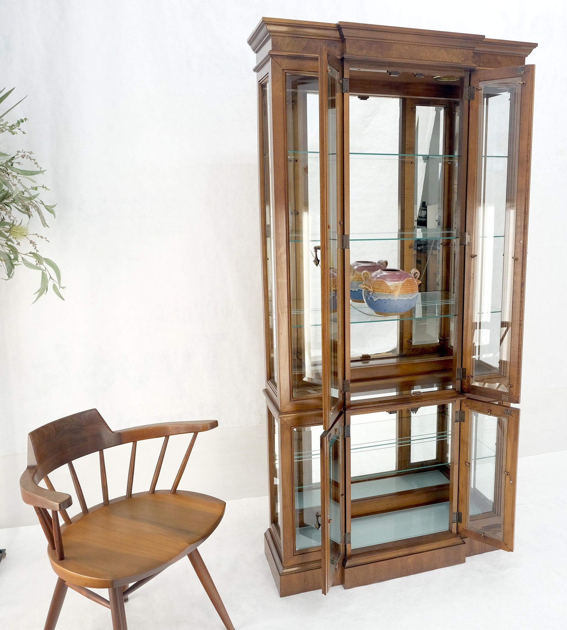 EstablishedLines Mid Century Burl Wood Glass 38" Wide 76" Tall Curio Display Cabinet Vitrine MINT