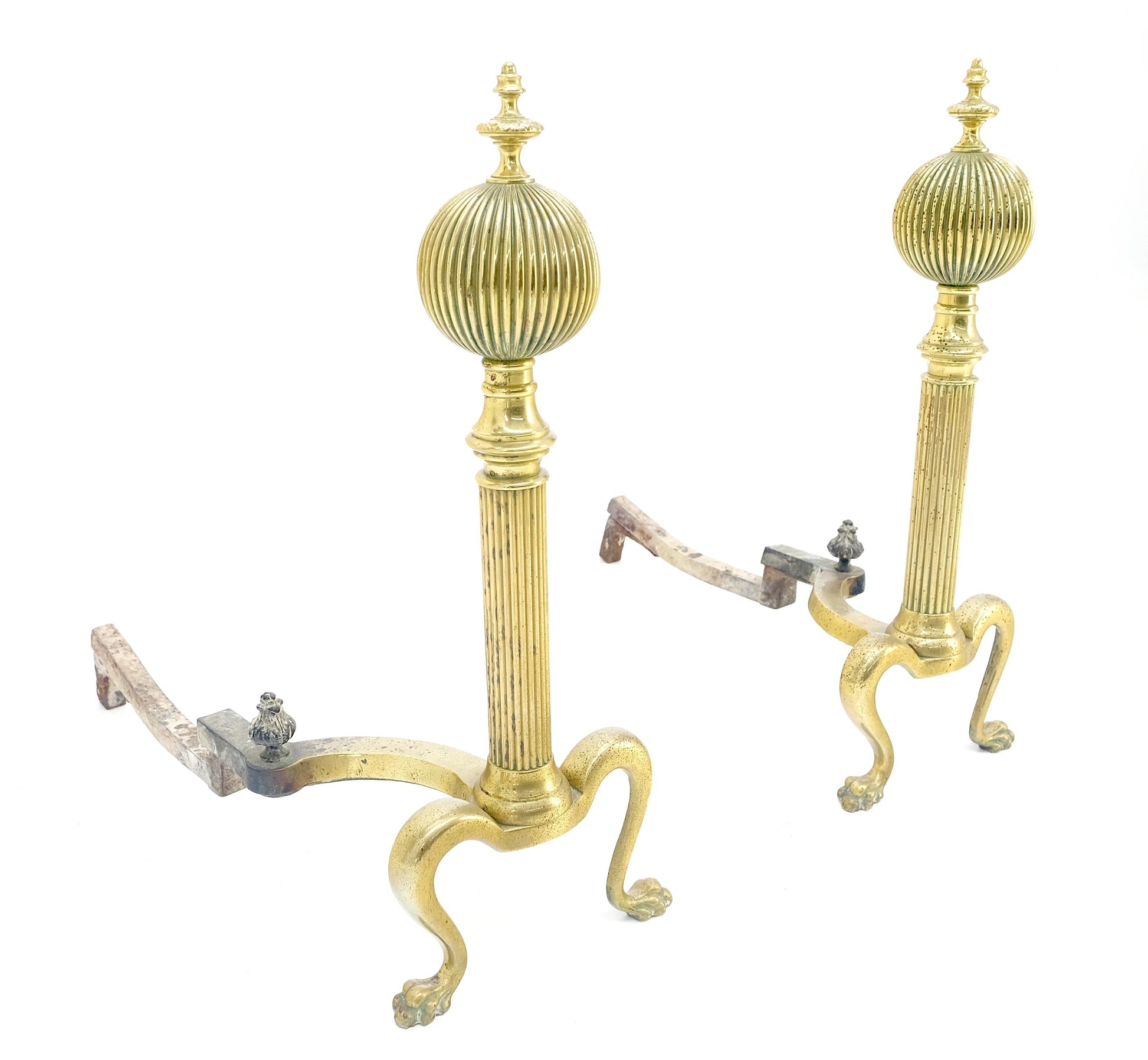 EstablishedLines Pair of Antique Solid Brass Ball Top Claw Feet Fireplace 22" Tall End Irons MINT