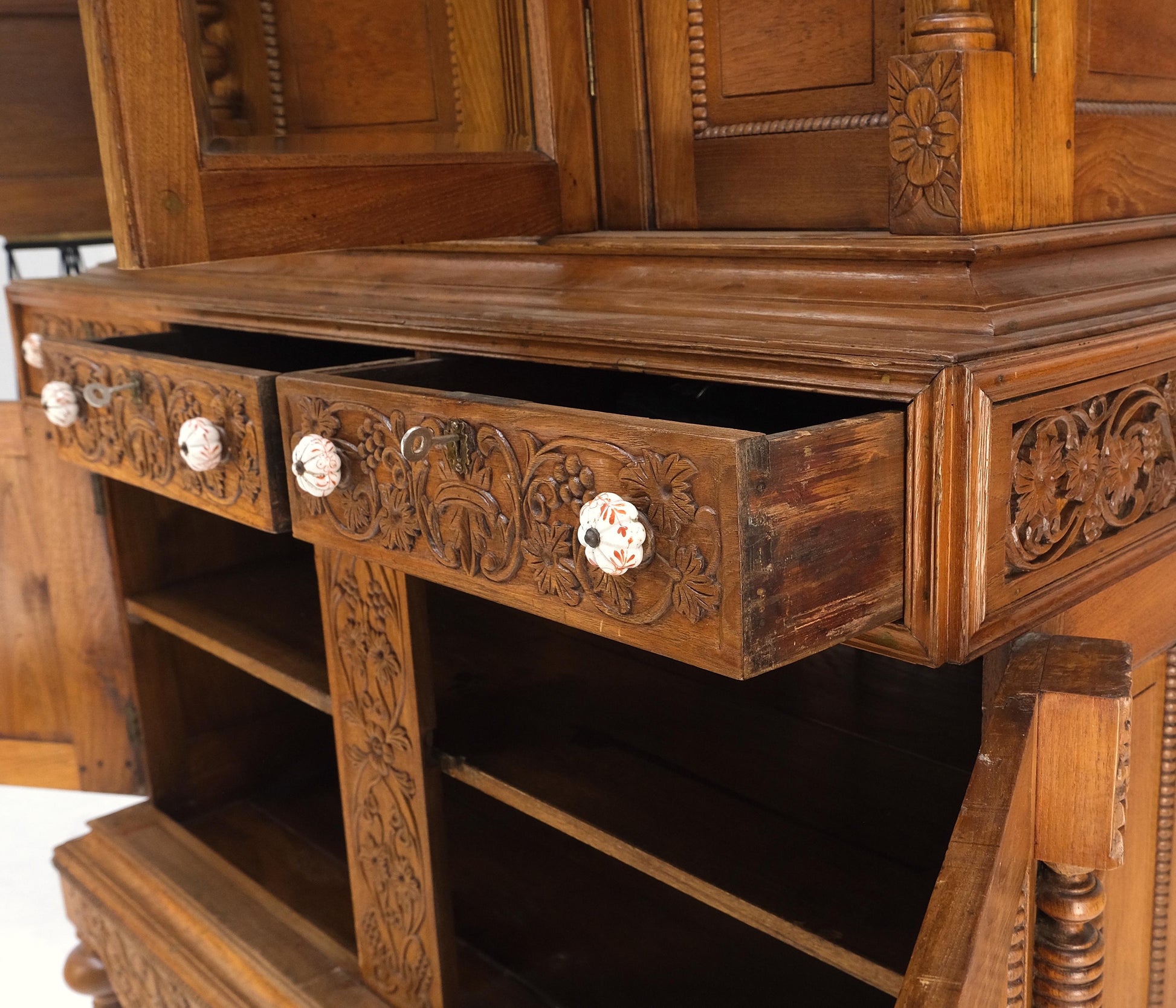 EstablishedLines Solid Carved Teak Antique Two Part Cupboard Cabinet with Unique Feature Mint!