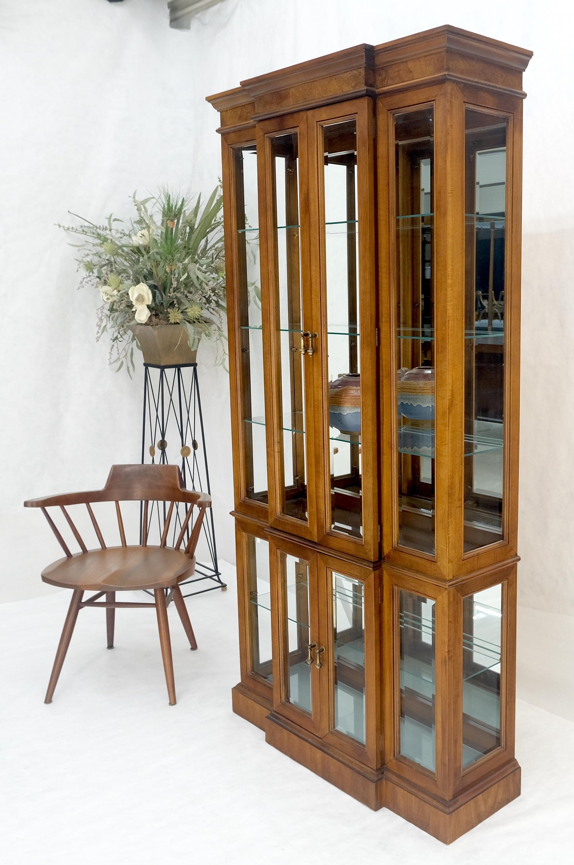 EstablishedLines Mid Century Burl Wood Glass 38" Wide 76" Tall Curio Display Cabinet Vitrine MINT