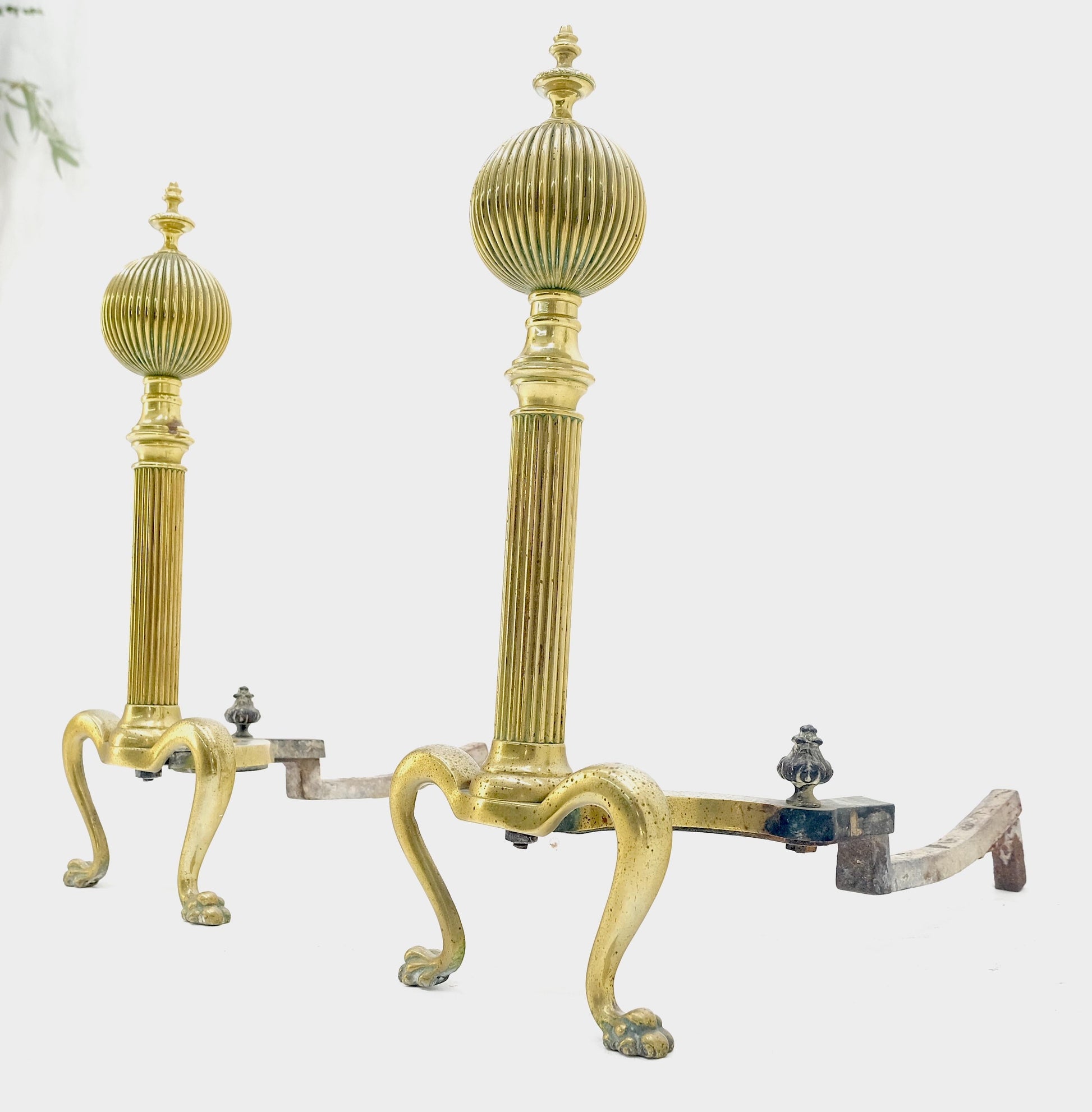 EstablishedLines Pair of Antique Solid Brass Ball Top Claw Feet Fireplace 22" Tall End Irons MINT