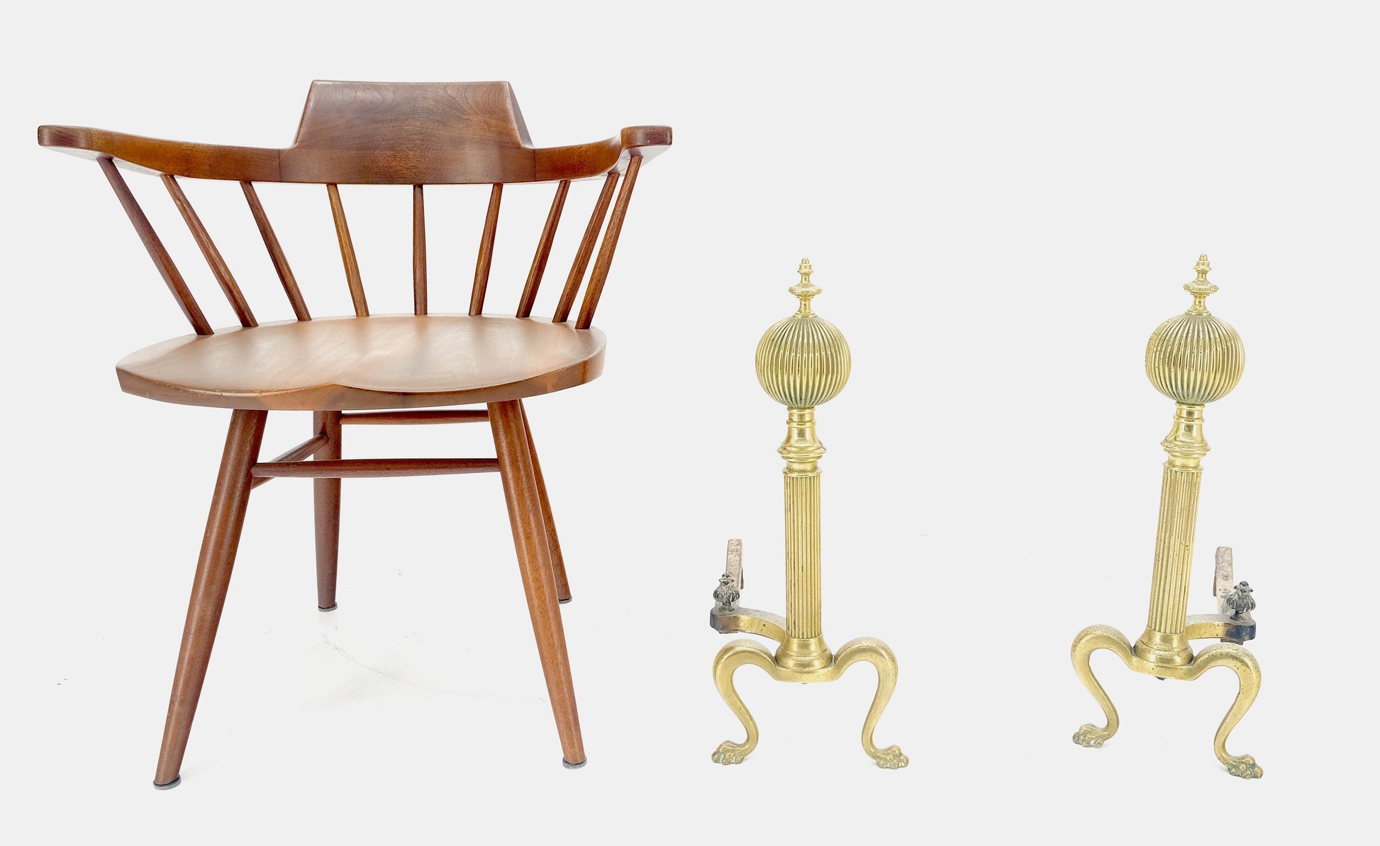 EstablishedLines Pair of Antique Solid Brass Ball Top Claw Feet Fireplace 22" Tall End Irons MINT