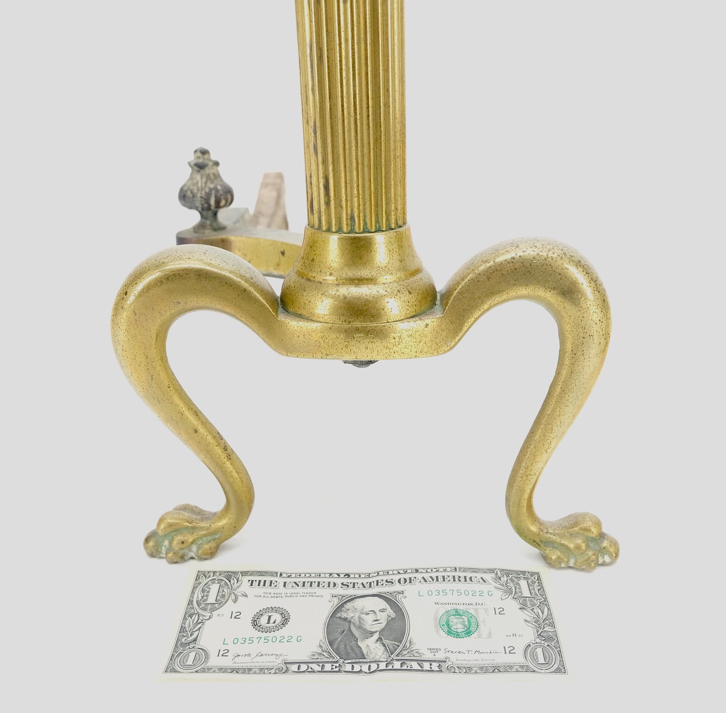 EstablishedLines Pair of Antique Solid Brass Ball Top Claw Feet Fireplace 22" Tall End Irons MINT