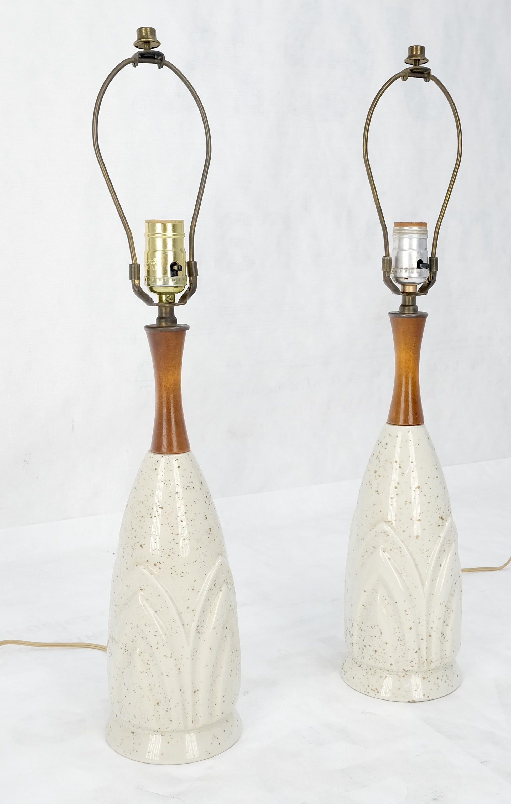 EstablishedLines Pair Mid Century Lotus Motive Ceramic Pottery & Turned Walnut Bases Table Lamps