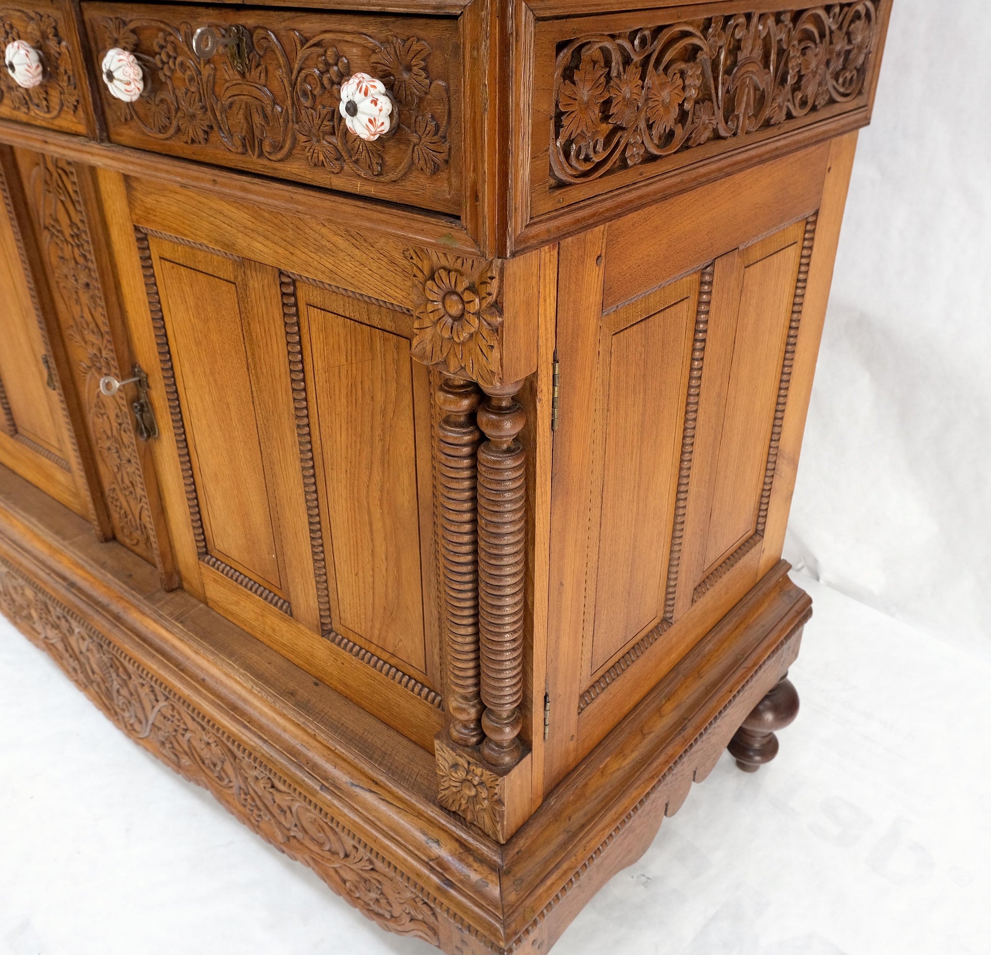 EstablishedLines Solid Carved Teak Antique Two Part Cupboard Cabinet with Unique Feature Mint!